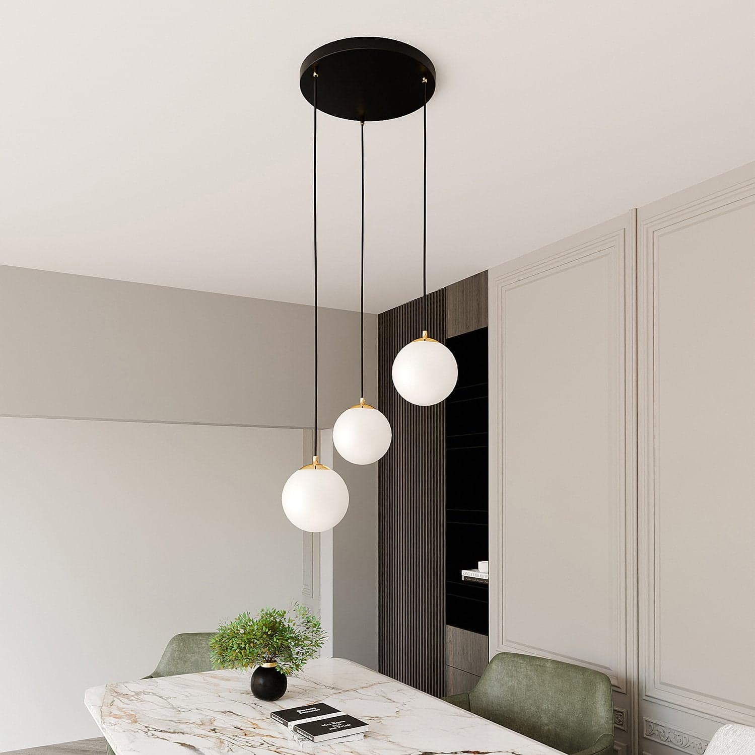Sospensione Contemporanea Royal 3 Luci In Acciaio Nero/Oro Sfere Vetro Bianco in Lampade a sospensione LuceArt - Montecorvino Pugliano, commercioVirtuoso.it