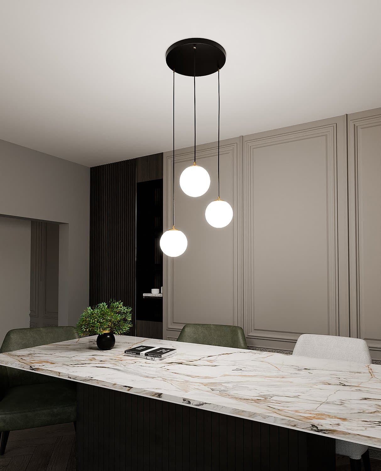 Sospensione Contemporanea Royal 3 Luci In Acciaio Nero/Oro Sfere Vetro Bianco in Lampade a sospensione LuceArt - Montecorvino Pugliano, commercioVirtuoso.it