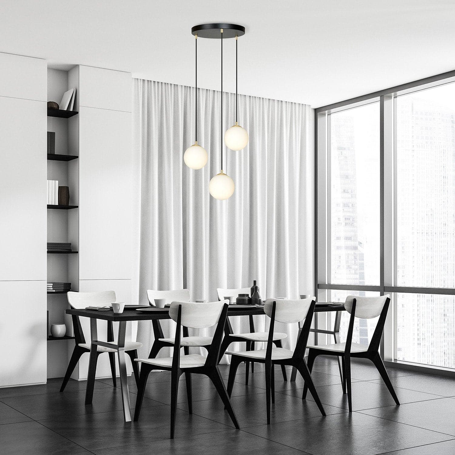 Sospensione Contemporanea Royal 3 Luci In Acciaio Nero/Oro Sfere Vetro Bianco in Lampade a sospensione LuceArt - Montecorvino Pugliano, commercioVirtuoso.it