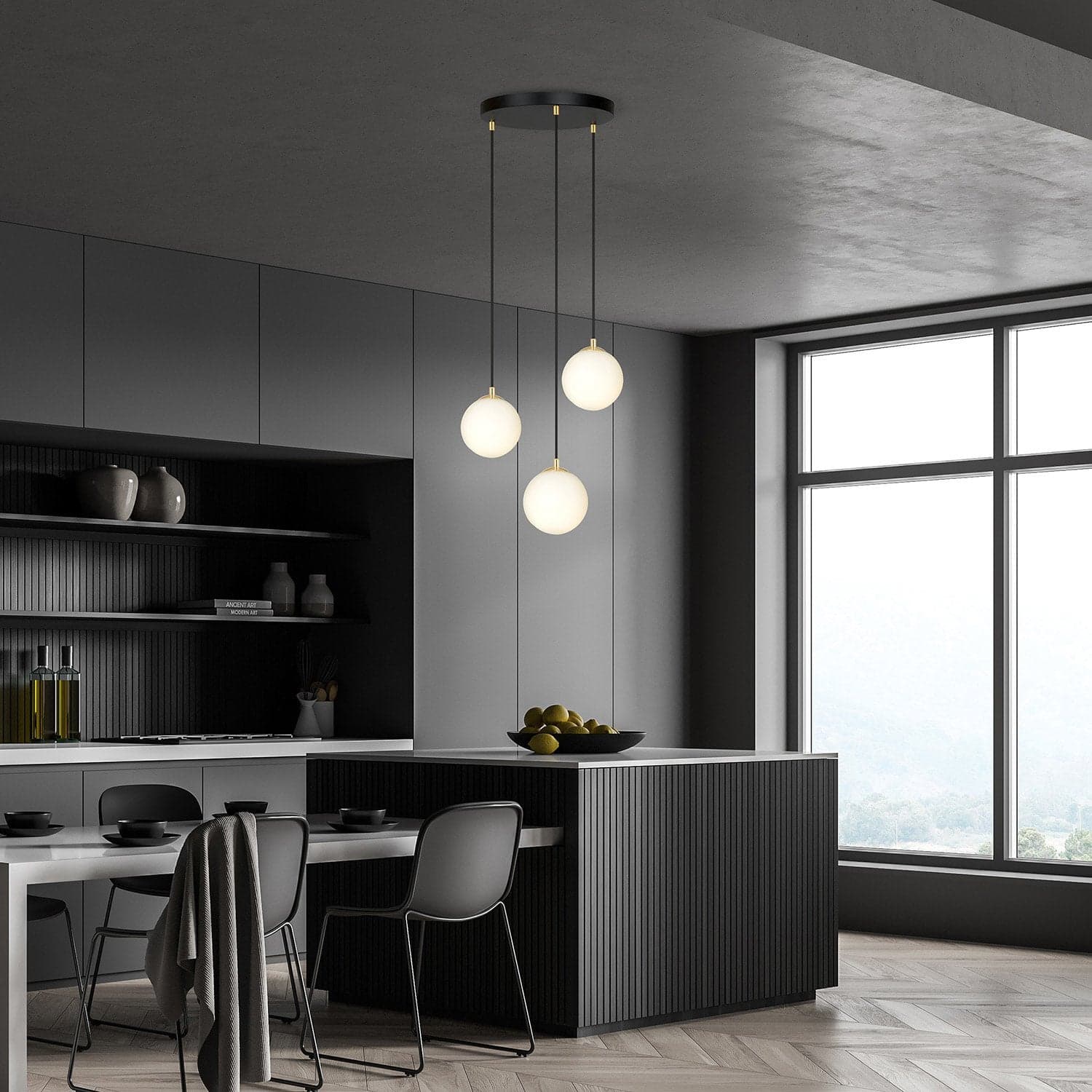 Sospensione Contemporanea Royal 3 Luci In Acciaio Nero/Oro Sfere Vetro Bianco in Lampade a sospensione LuceArt - Montecorvino Pugliano, commercioVirtuoso.it