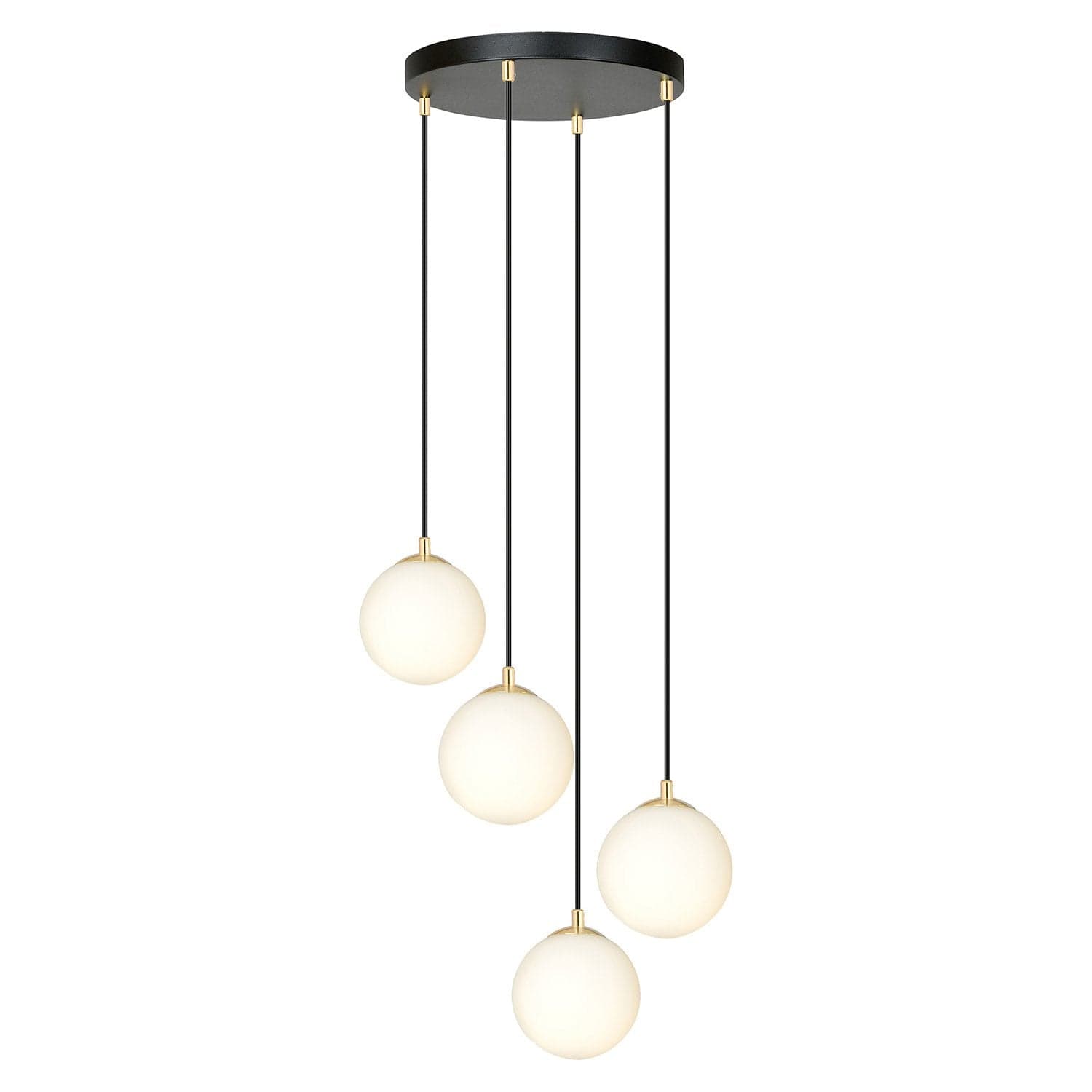 Sospensione Contemporanea Royal 4 Luci In Acciaio Nero/Oro Sfere Vetro Bianco in Lampade a sospensione LuceArt - Montecorvino Pugliano, commercioVirtuoso.it