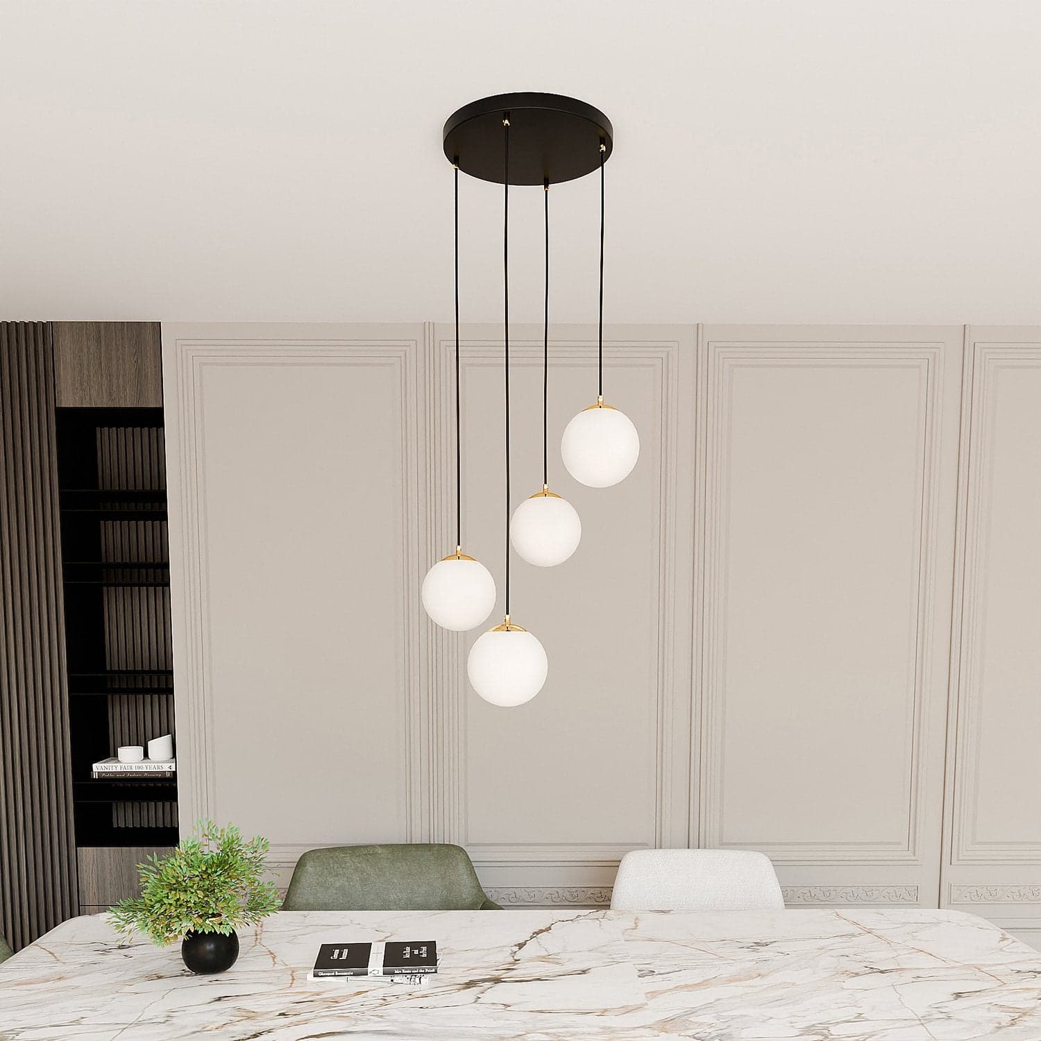Sospensione Contemporanea Royal 4 Luci In Acciaio Nero/Oro Sfere Vetro Bianco in Lampade a sospensione LuceArt - Montecorvino Pugliano, commercioVirtuoso.it