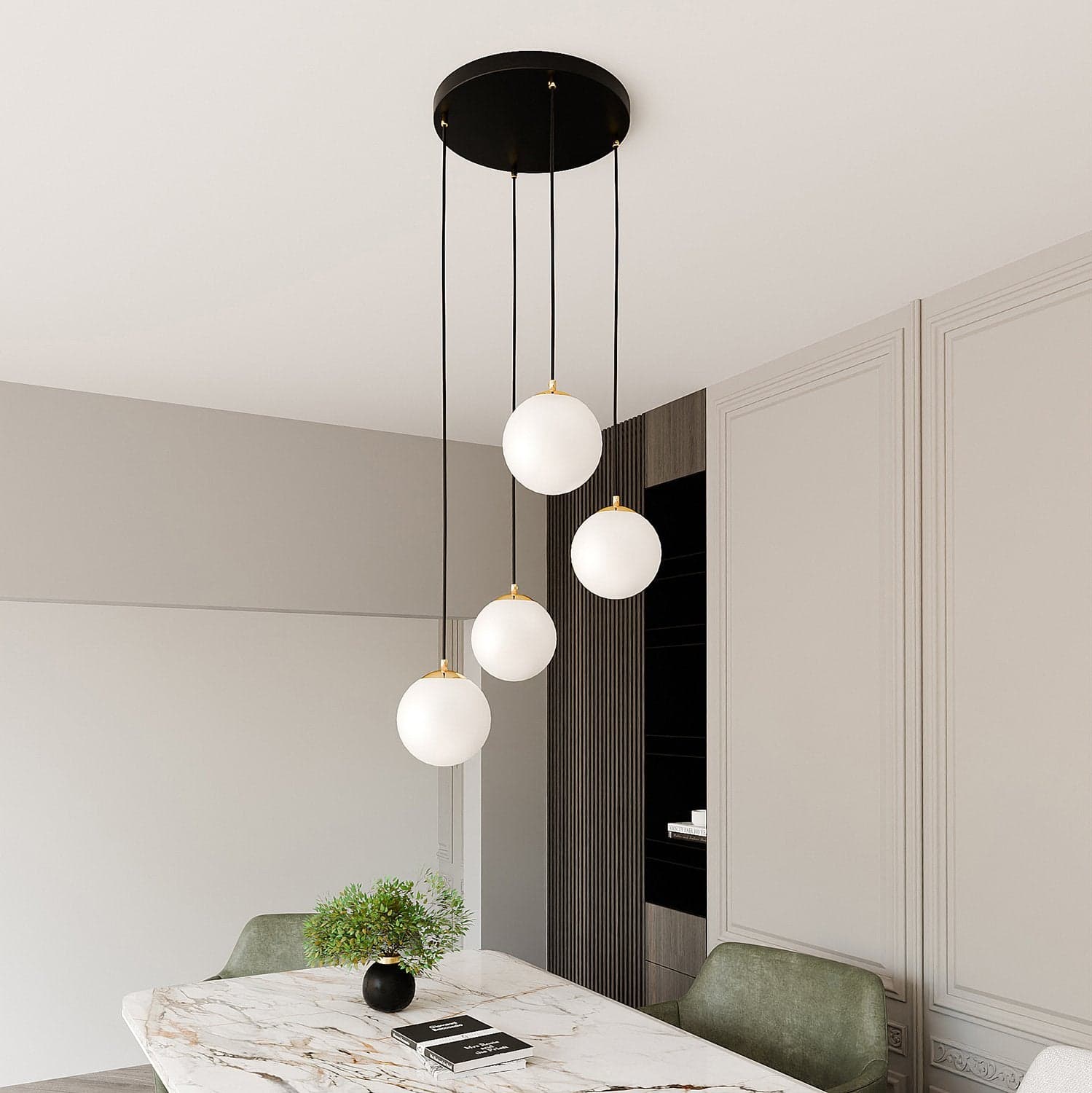 Sospensione Contemporanea Royal 4 Luci In Acciaio Nero/Oro Sfere Vetro Bianco in Lampade a sospensione LuceArt - Montecorvino Pugliano, commercioVirtuoso.it