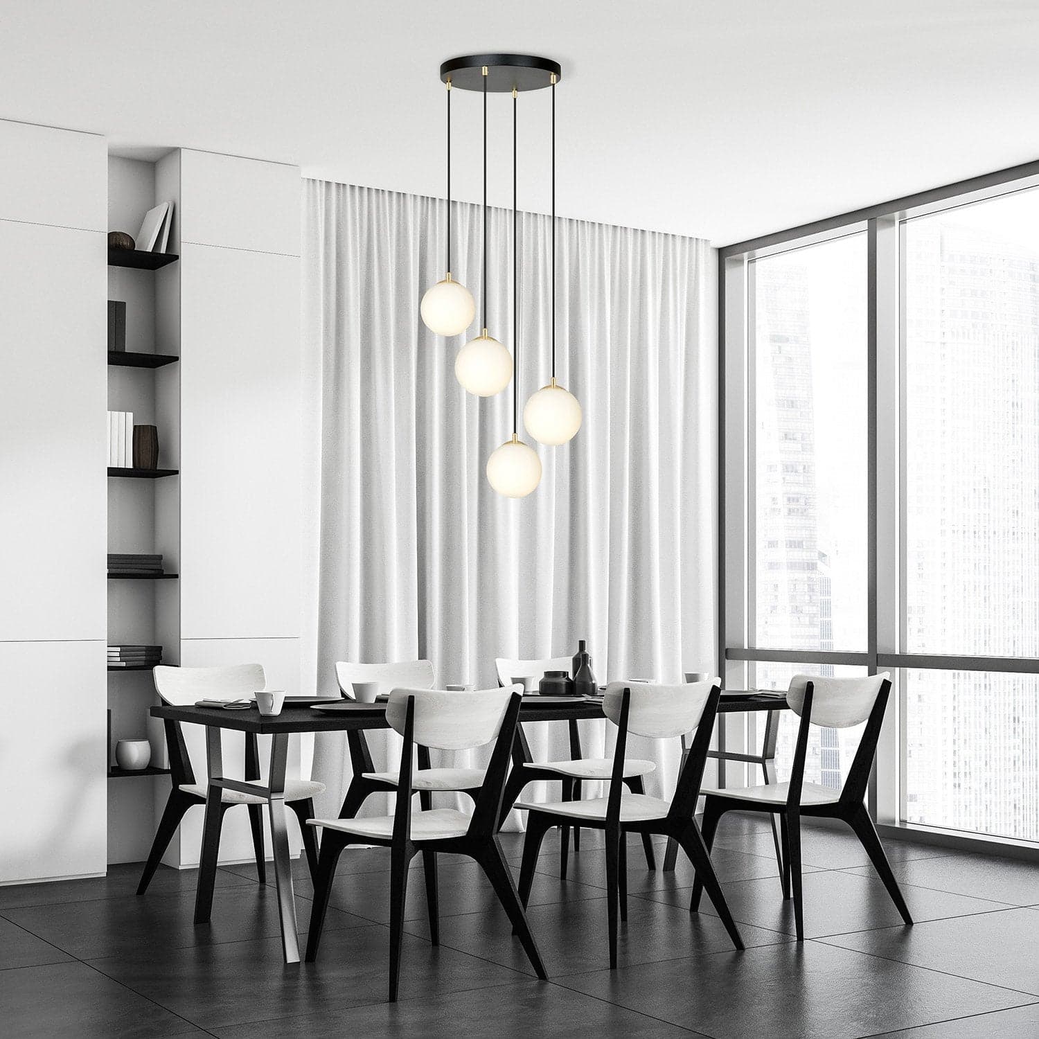 Sospensione Contemporanea Royal 4 Luci In Acciaio Nero/Oro Sfere Vetro Bianco in Lampade a sospensione LuceArt - Montecorvino Pugliano, commercioVirtuoso.it