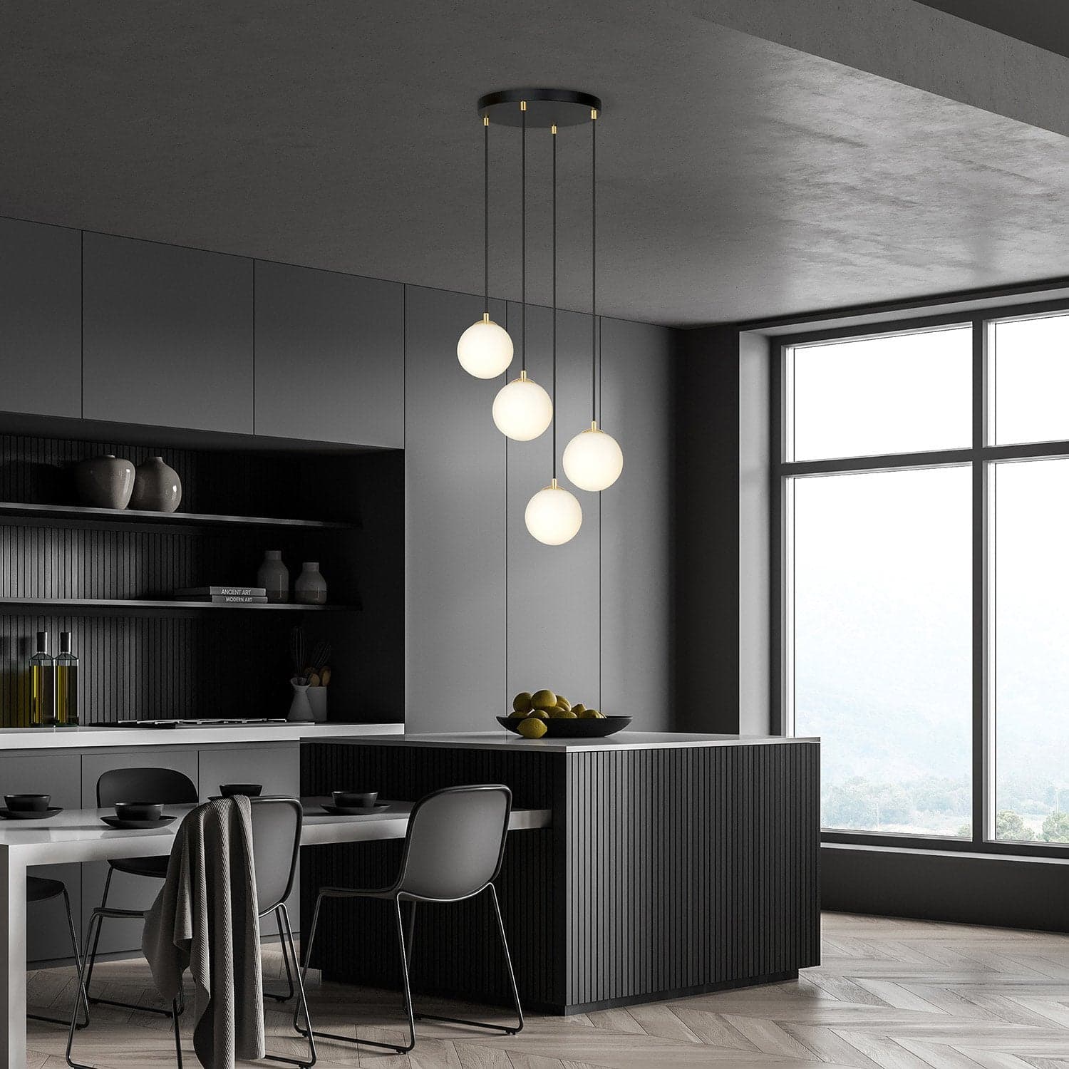 Sospensione Contemporanea Royal 4 Luci In Acciaio Nero/Oro Sfere Vetro Bianco in Lampade a sospensione LuceArt - Montecorvino Pugliano, commercioVirtuoso.it