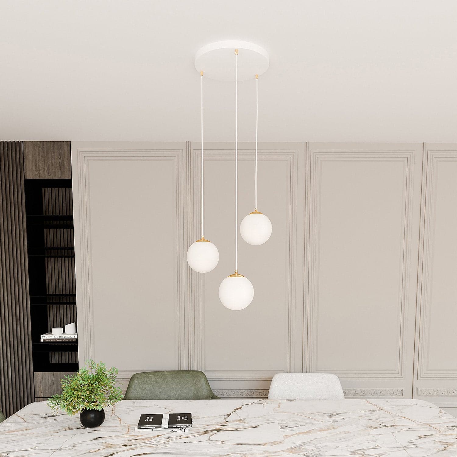 Sospensione Contemporanea Royal 3 Luci In Acciaio Bianco Sfera Vetro Bianco in Lampade a sospensione LuceArt - Montecorvino Pugliano, commercioVirtuoso.it