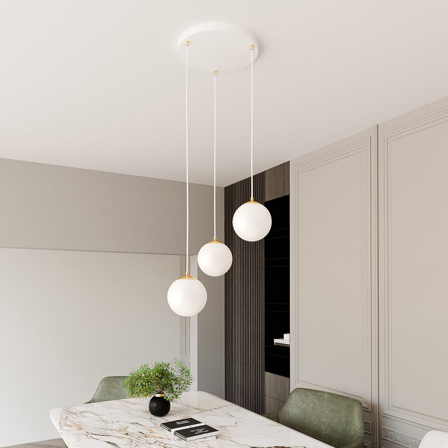 Sospensione Contemporanea Royal 3 Luci In Acciaio Bianco Sfera Vetro Bianco in Lampade a sospensione LuceArt - Montecorvino Pugliano, commercioVirtuoso.it
