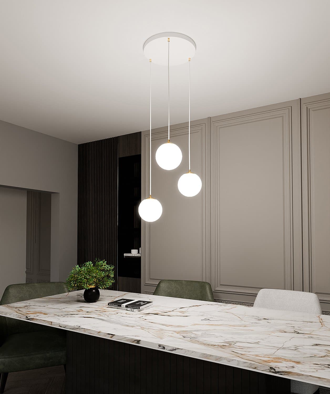 Sospensione Contemporanea Royal 3 Luci In Acciaio Bianco Sfera Vetro Bianco in Lampade a sospensione LuceArt - Montecorvino Pugliano, commercioVirtuoso.it