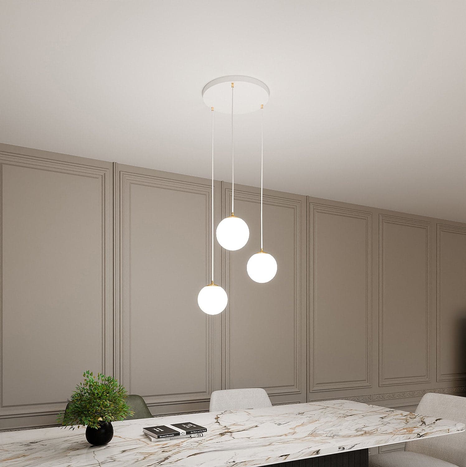 Sospensione Contemporanea Royal 3 Luci In Acciaio Bianco Sfera Vetro Bianco in Lampade a sospensione LuceArt - Montecorvino Pugliano, commercioVirtuoso.it