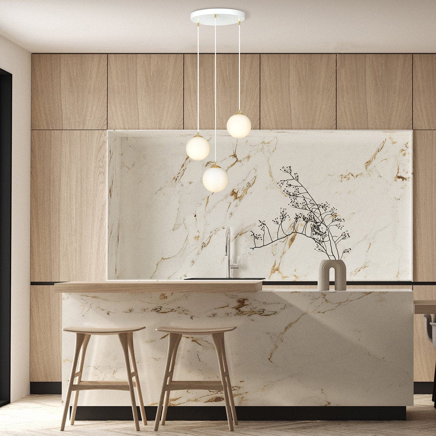 Sospensione Contemporanea Royal 3 Luci In Acciaio Bianco Sfera Vetro Bianco in Lampade a sospensione LuceArt - Montecorvino Pugliano, commercioVirtuoso.it