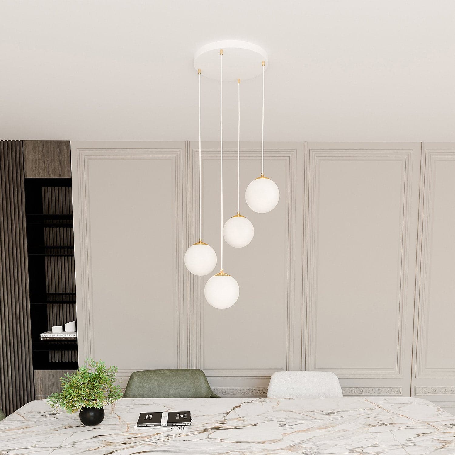 Sospensione Contemporanea Royal 4 Luci In Acciaio Bianco Sfera Vetro Bianco in Lampade a sospensione LuceArt - Montecorvino Pugliano, commercioVirtuoso.it