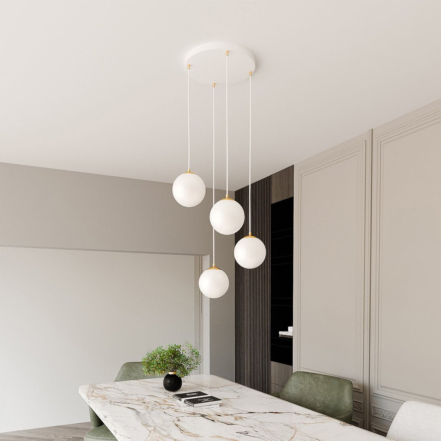 Sospensione Contemporanea Royal 4 Luci In Acciaio Bianco Sfera Vetro Bianco in Lampade a sospensione LuceArt - Montecorvino Pugliano, commercioVirtuoso.it