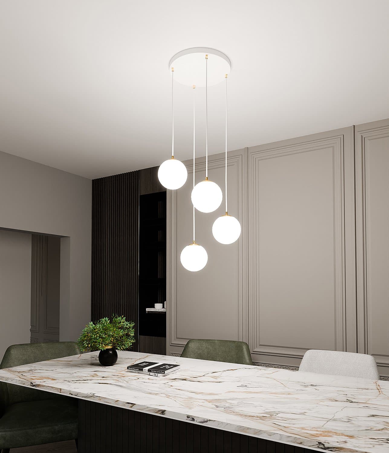 Sospensione Contemporanea Royal 4 Luci In Acciaio Bianco Sfera Vetro Bianco in Lampade a sospensione LuceArt - Montecorvino Pugliano, commercioVirtuoso.it