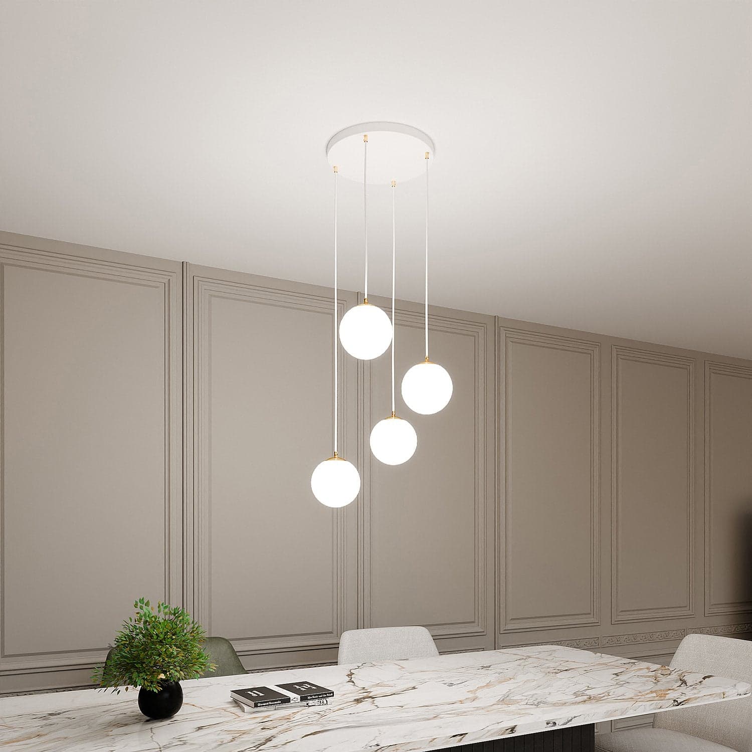 Sospensione Contemporanea Royal 4 Luci In Acciaio Bianco Sfera Vetro Bianco in Lampade a sospensione LuceArt - Montecorvino Pugliano, commercioVirtuoso.it