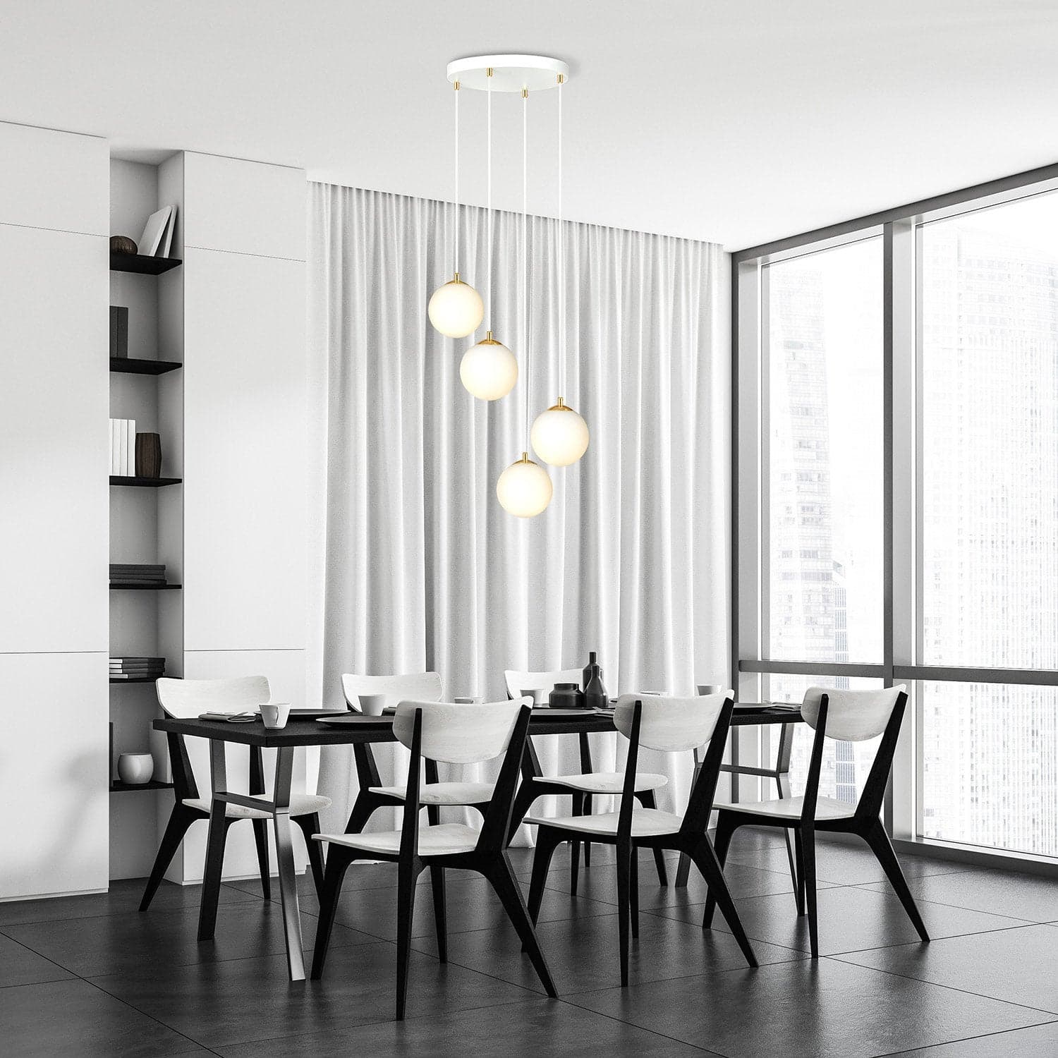 Sospensione Contemporanea Royal 4 Luci In Acciaio Bianco Sfera Vetro Bianco in Lampade a sospensione LuceArt - Montecorvino Pugliano, commercioVirtuoso.it