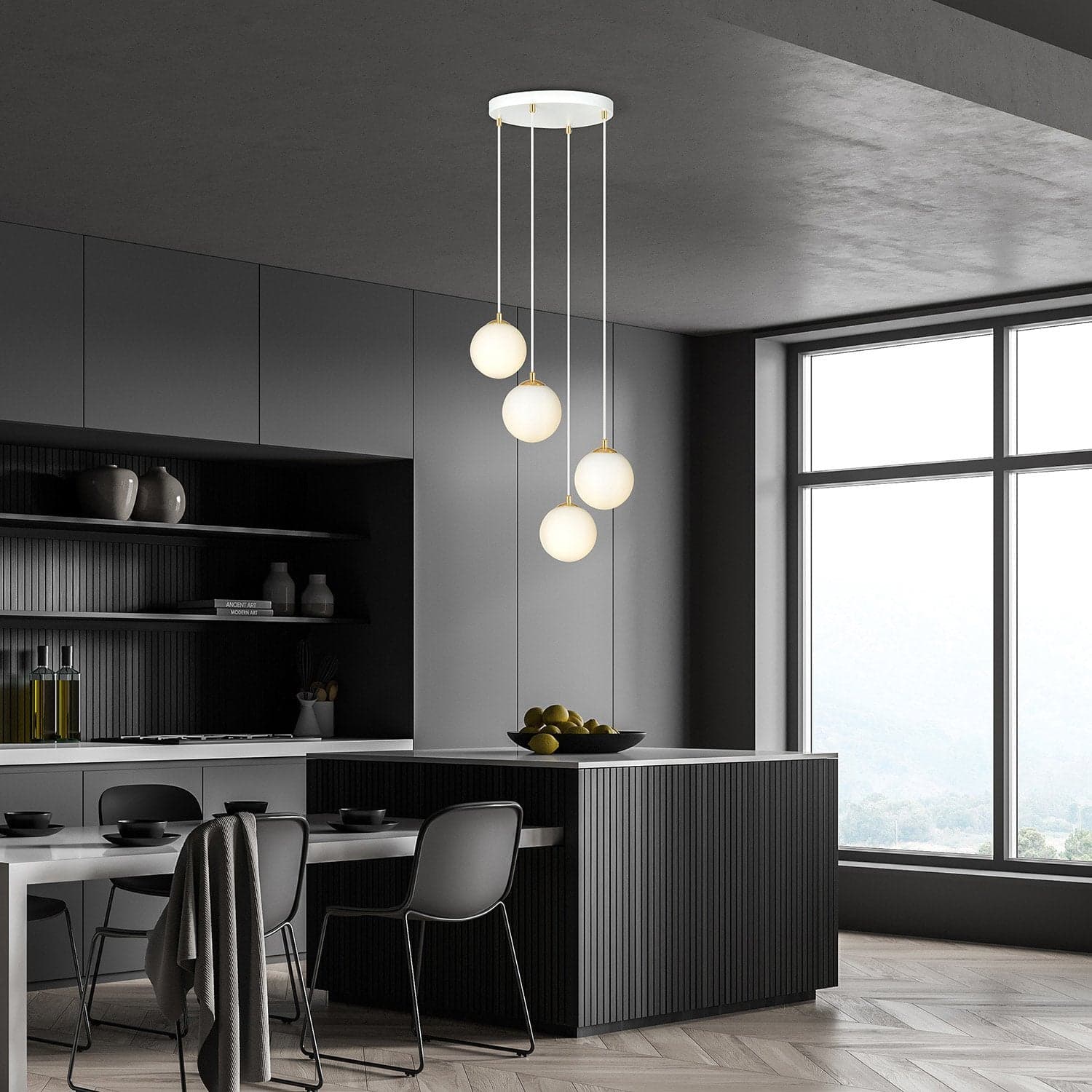 Sospensione Contemporanea Royal 4 Luci In Acciaio Bianco Sfera Vetro Bianco in Lampade a sospensione LuceArt - Montecorvino Pugliano, commercioVirtuoso.it