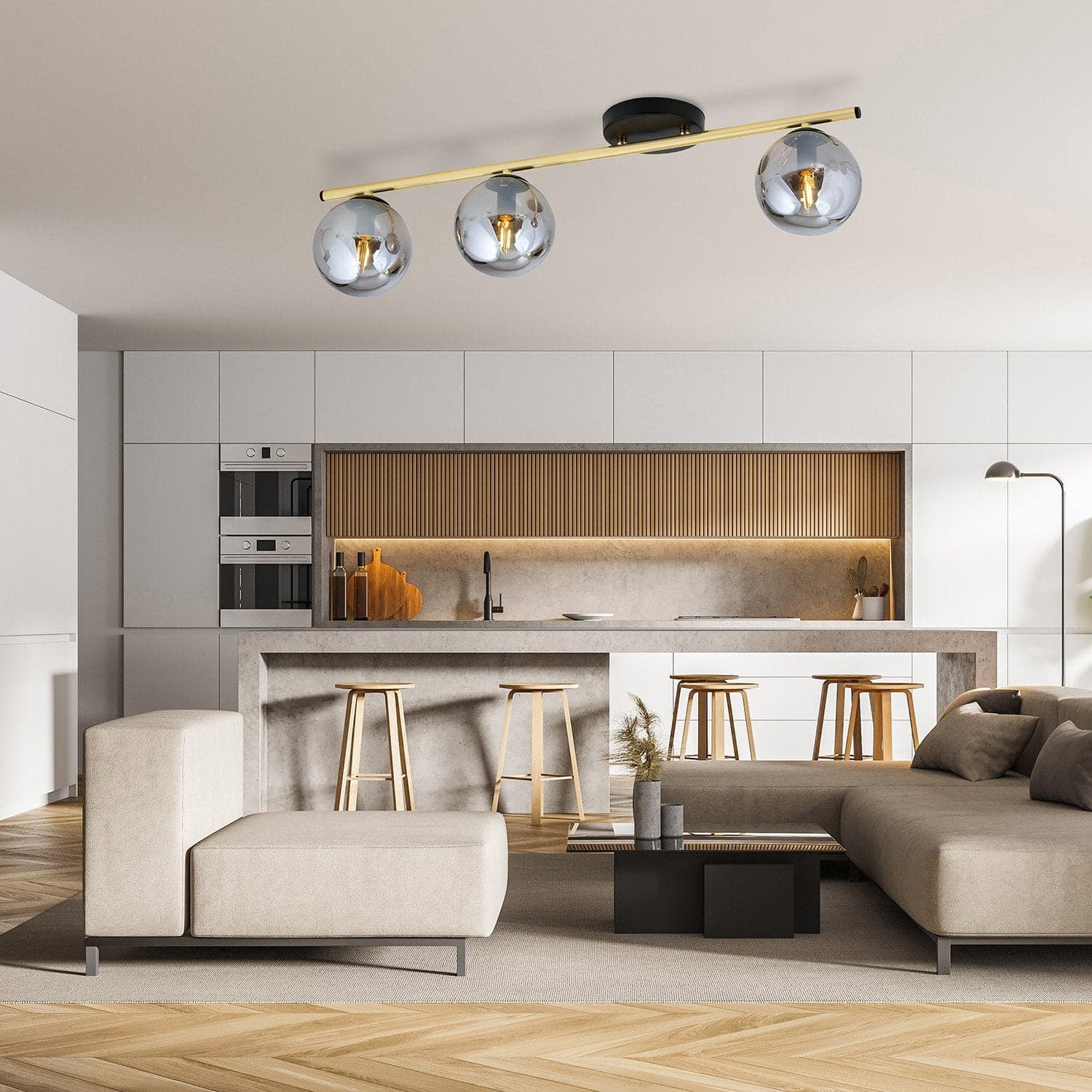Plafoniera Contemporanea 3 Luci Monza In Acciaio Oro E Sfere Vetro Fumè in Plafoniere LuceArt - Montecorvino Pugliano, commercioVirtuoso.it