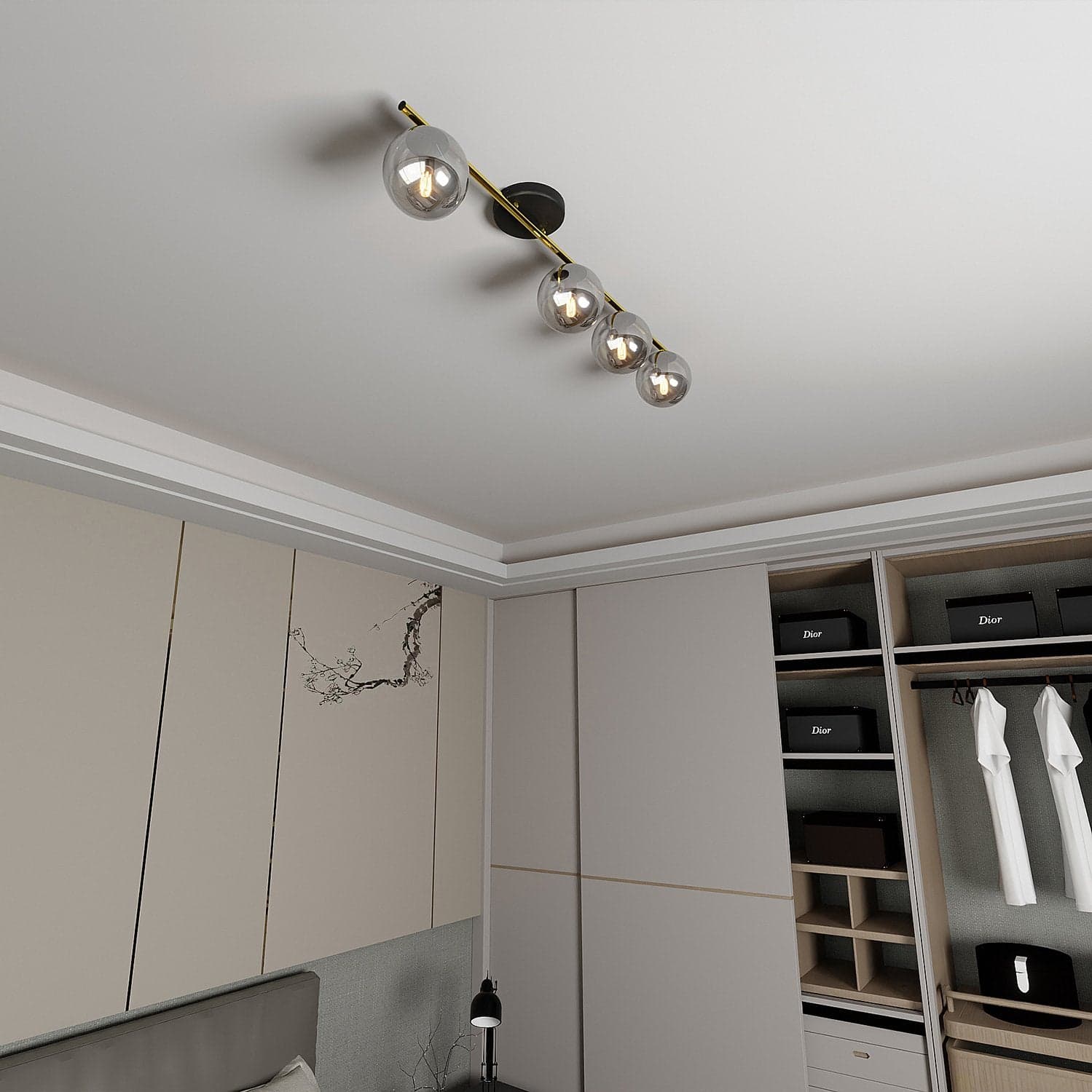 Plafoniera Contemporanea 4 Luci Monza In Acciaio Oro E Sfere Vetro Fumè in Plafoniere LuceArt - Montecorvino Pugliano, commercioVirtuoso.it