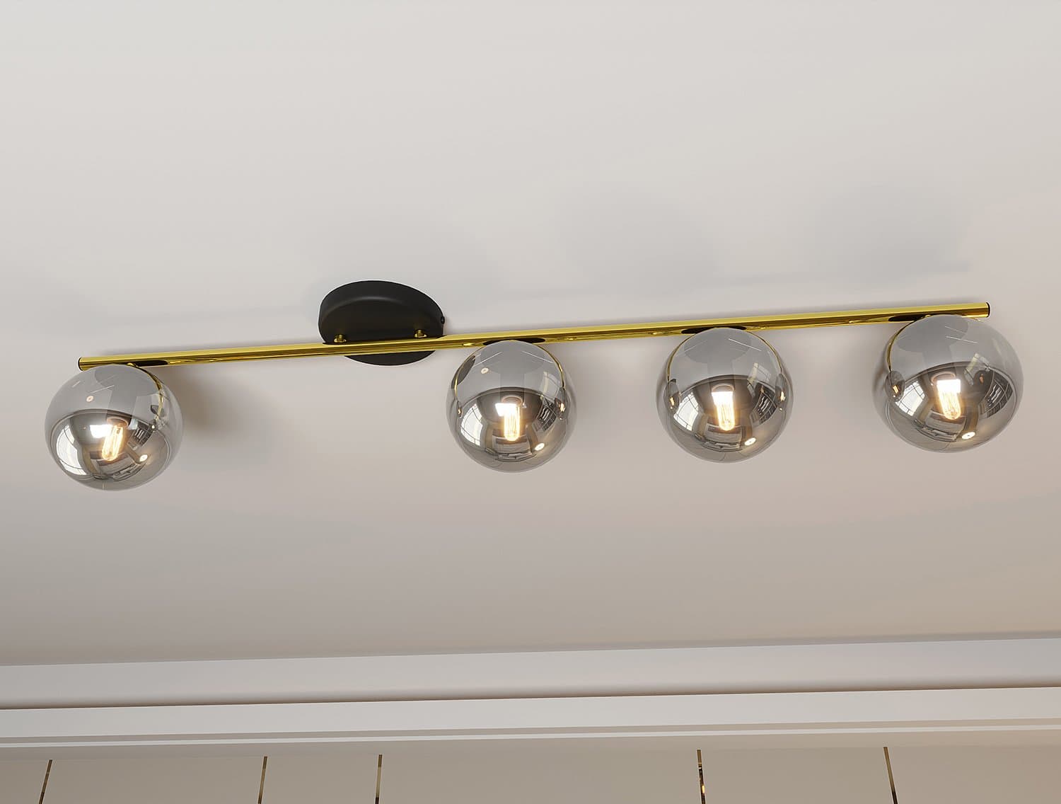 Plafoniera Contemporanea 4 Luci Monza In Acciaio Oro E Sfere Vetro Fumè in Plafoniere LuceArt - Montecorvino Pugliano, commercioVirtuoso.it