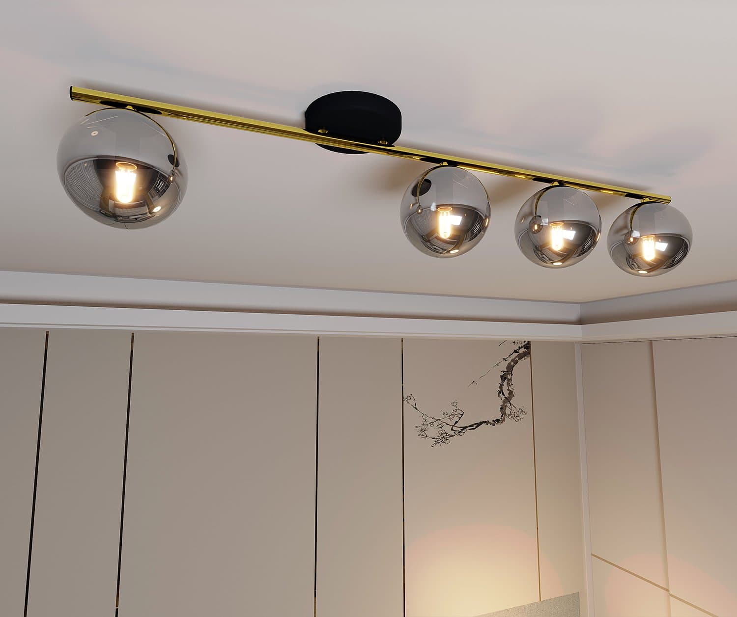 Plafoniera Contemporanea 4 Luci Monza In Acciaio Oro E Sfere Vetro Fumè in Plafoniere LuceArt - Montecorvino Pugliano, commercioVirtuoso.it