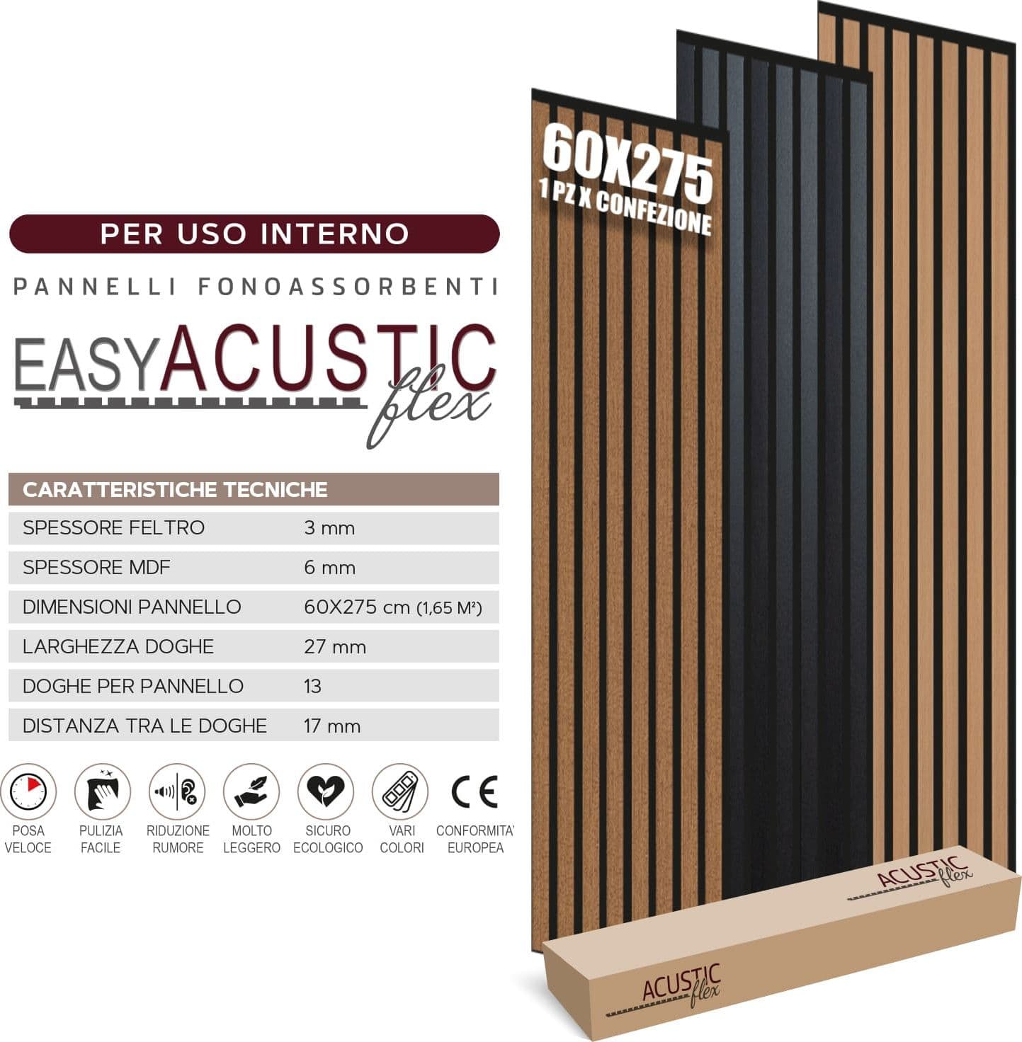 Pannelli Fonoassorbenti Acustici Decorativi effetto Legno per Pareti cm275x60 1,65mq/pacco in Pannelli a muro 3D Masterbrico - Longobardi, commercioVirtuoso.it