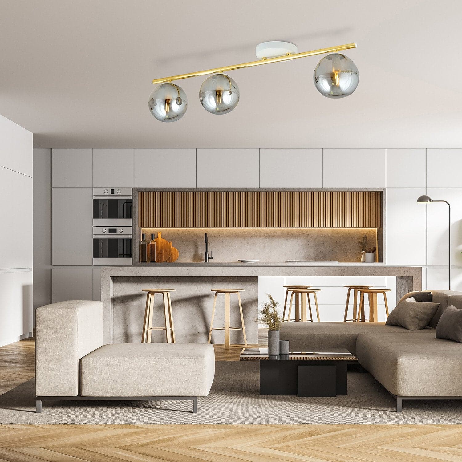 Plafoniera Contemporanea 3 Luci Monza In Acciaio Oro Bianco E Sfere Vetro Fumè in Plafoniere LuceArt - Montecorvino Pugliano, commercioVirtuoso.it