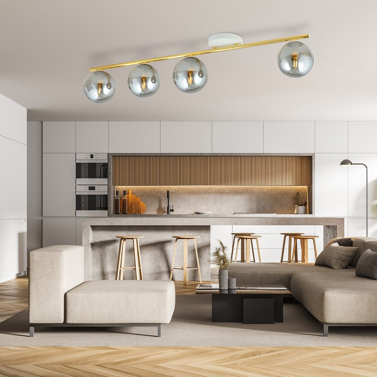 Plafoniera Contemporanea 4 Luci Monza In Acciaio Oro Bianco E Sfere Vetro Fumè in Plafoniere LuceArt - Montecorvino Pugliano, commercioVirtuoso.it