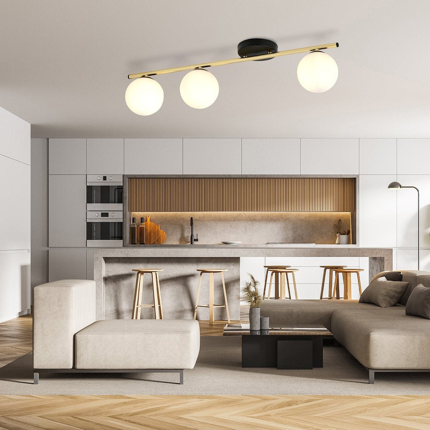 Plafoniera Contemporanea 3 Luci Monza In Acciaio Oro Nero E Sfere Vetro Bianco in Lampade a sospensione LuceArt - Montecorvino Pugliano, commercioVirtuoso.it