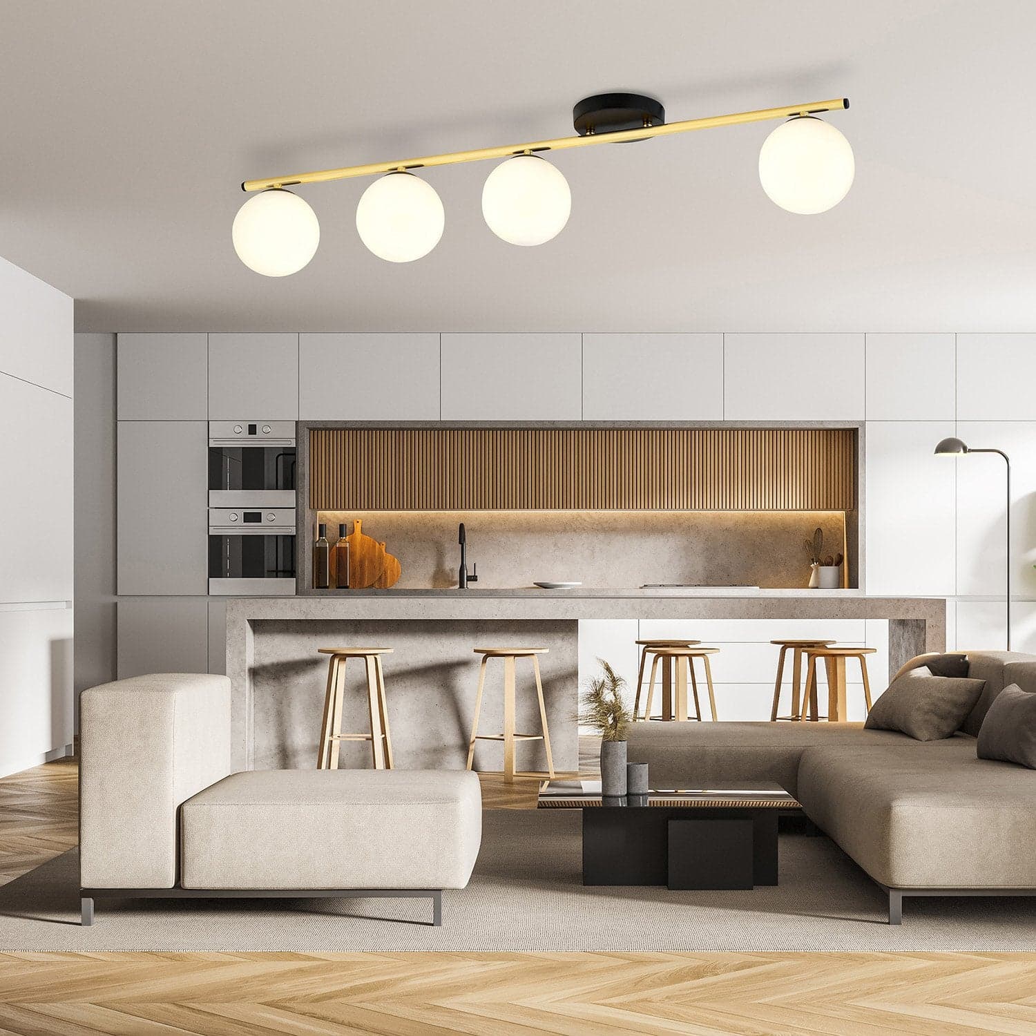 Plafoniera Contemporanea 4 Luci Monza In Acciaio Oro Nero E Sfere Vetro Bianco in Plafoniere LuceArt - Montecorvino Pugliano, commercioVirtuoso.it