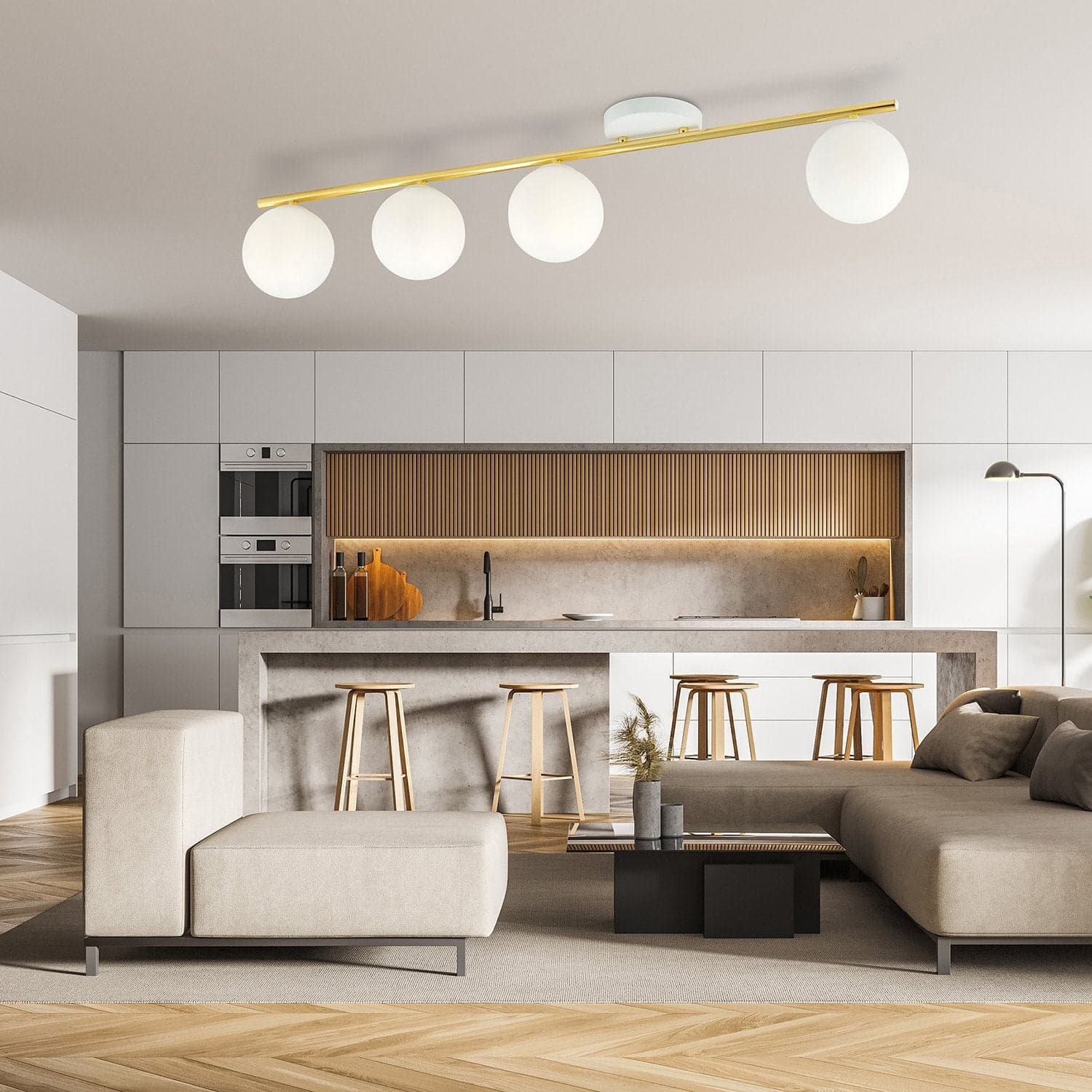 Plafoniera Contemporanea 4 Luci Monza In Acciaio Oro E Sfere Vetro Bianco in Plafoniere LuceArt - Montecorvino Pugliano, commercioVirtuoso.it