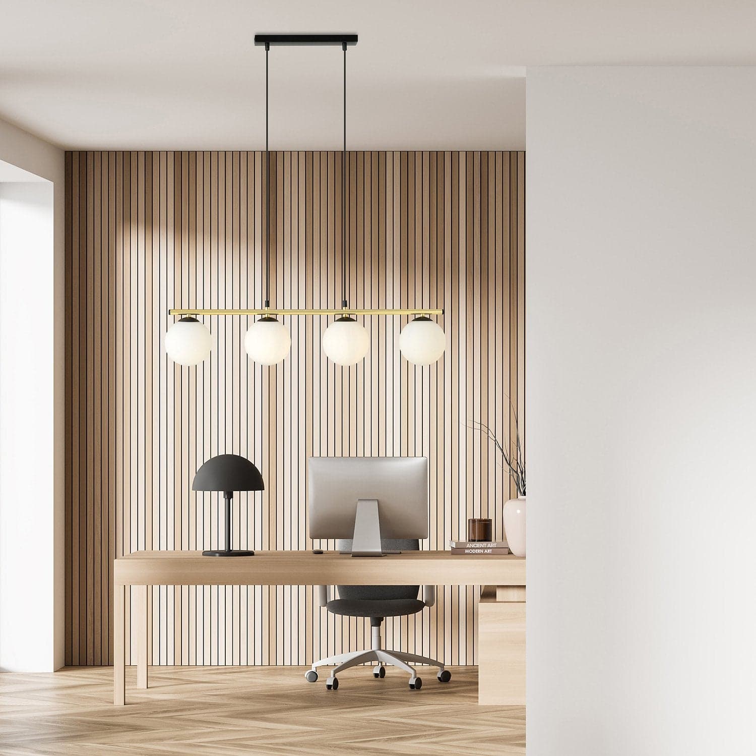 Sospensione Contemporanea 4 Luci Alora In Acciaio Oro Nero E Sfere Vetro Bianco in Lampade a sospensione LuceArt - Montecorvino Pugliano, commercioVirtuoso.it