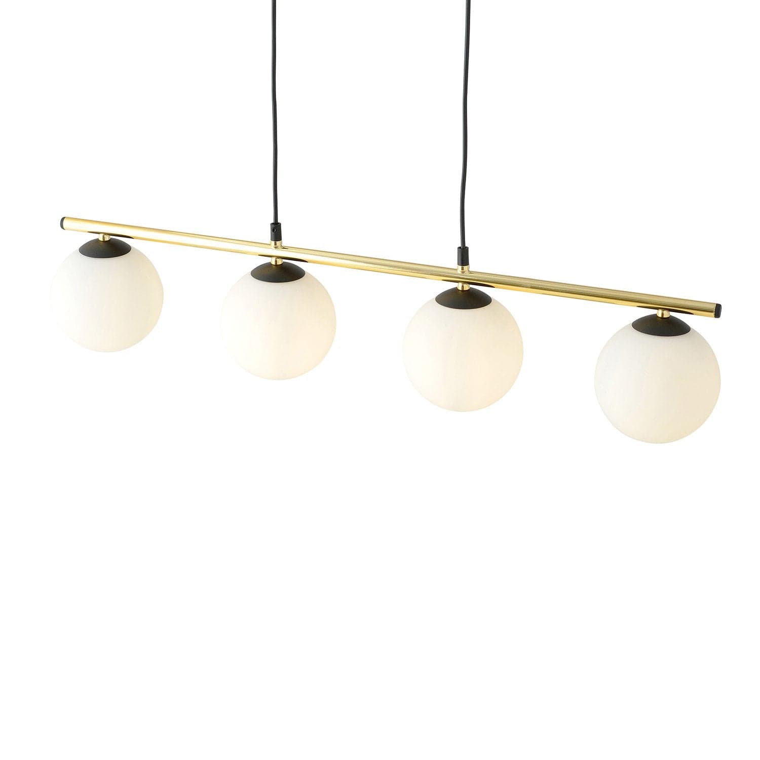 Sospensione Contemporanea 4 Luci Alora In Acciaio Oro Nero E Sfere Vetro Bianco in Lampade a sospensione LuceArt - Montecorvino Pugliano, commercioVirtuoso.it