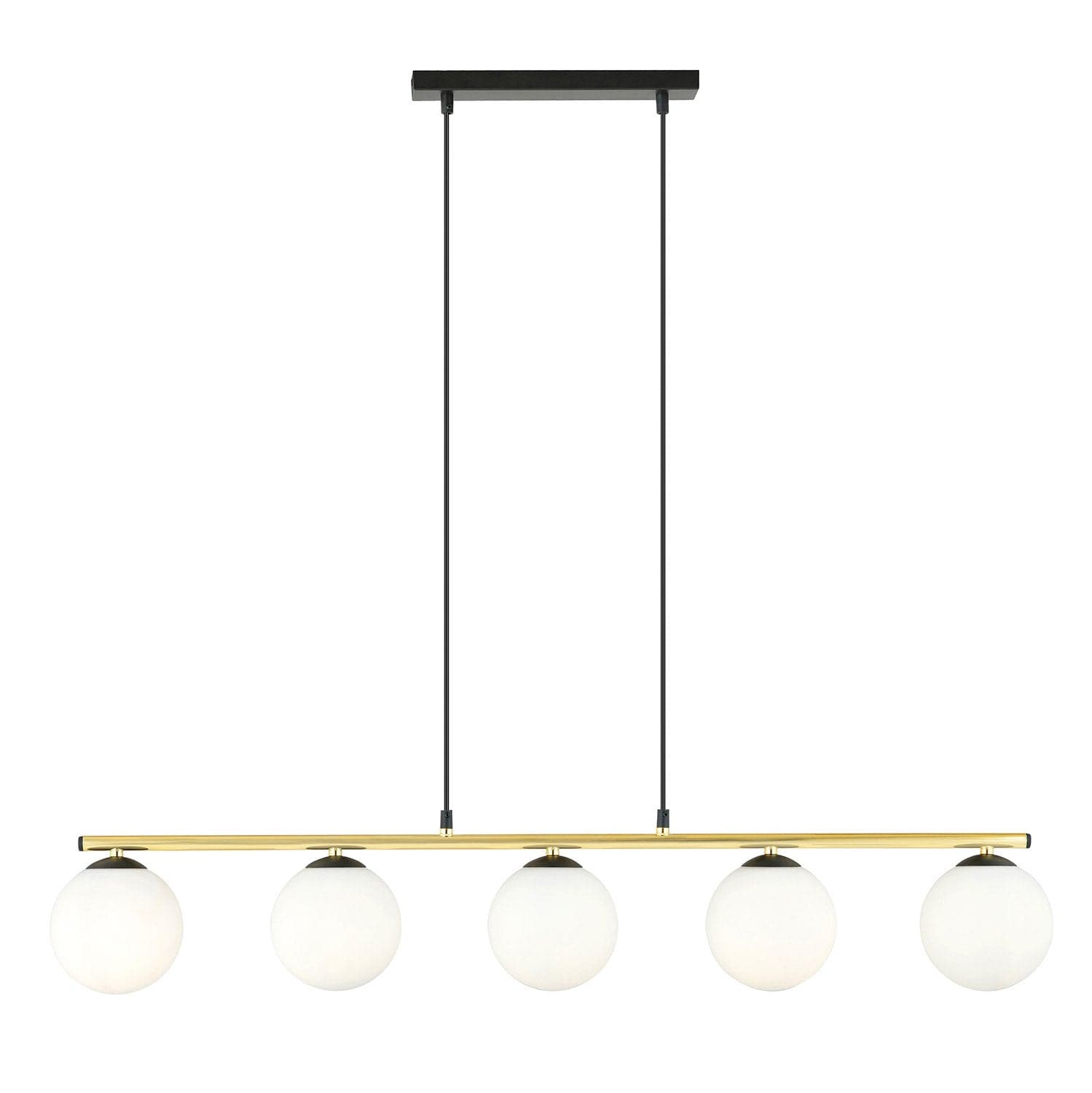 Sospensione Contemporanea 5 Luci Alora In Acciaio Oro Nero E Sfere Vetro Bianco in Lampade a sospensione LuceArt - Montecorvino Pugliano, commercioVirtuoso.it
