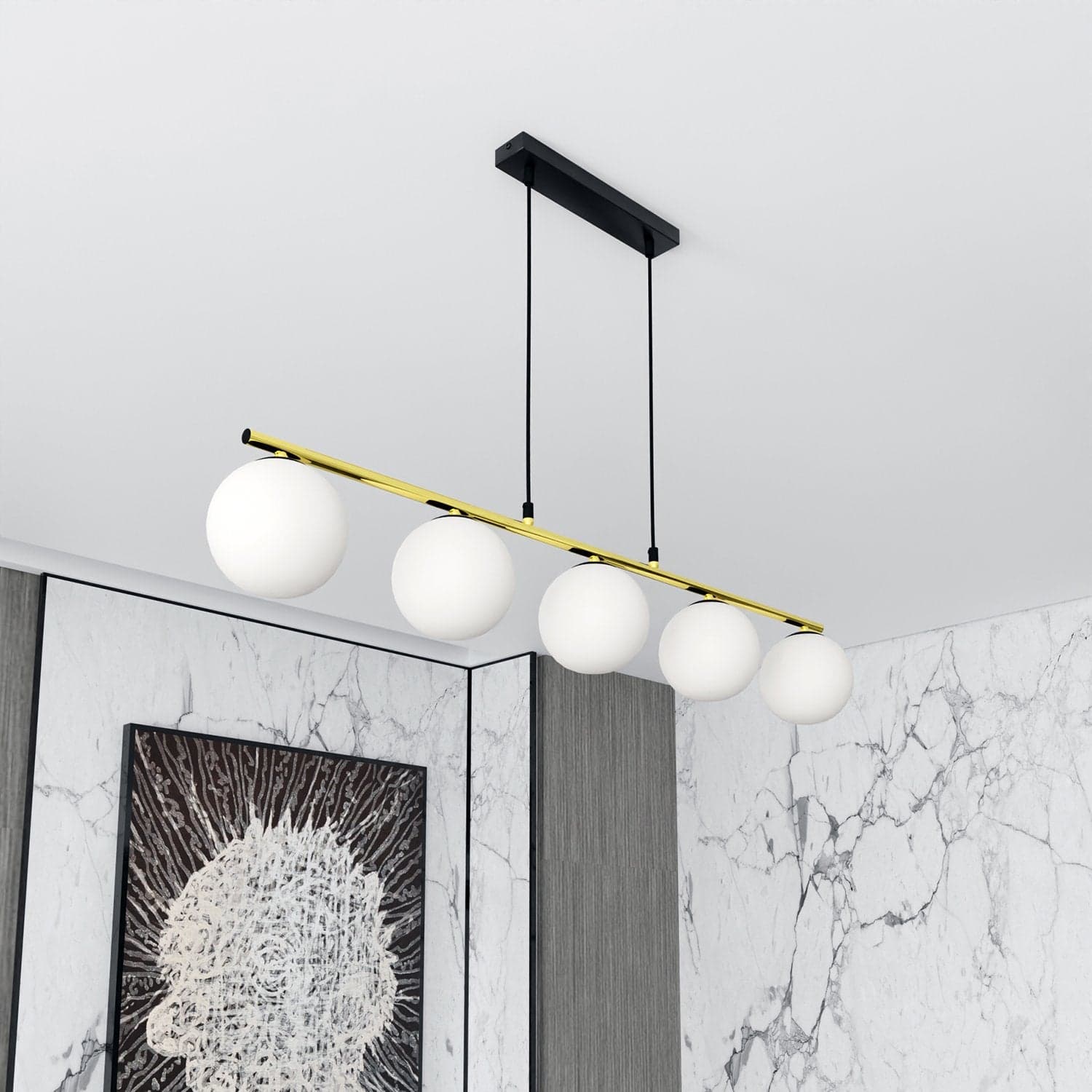 Sospensione Contemporanea 5 Luci Alora In Acciaio Oro Nero E Sfere Vetro Bianco in Lampade a sospensione LuceArt - Montecorvino Pugliano, commercioVirtuoso.it