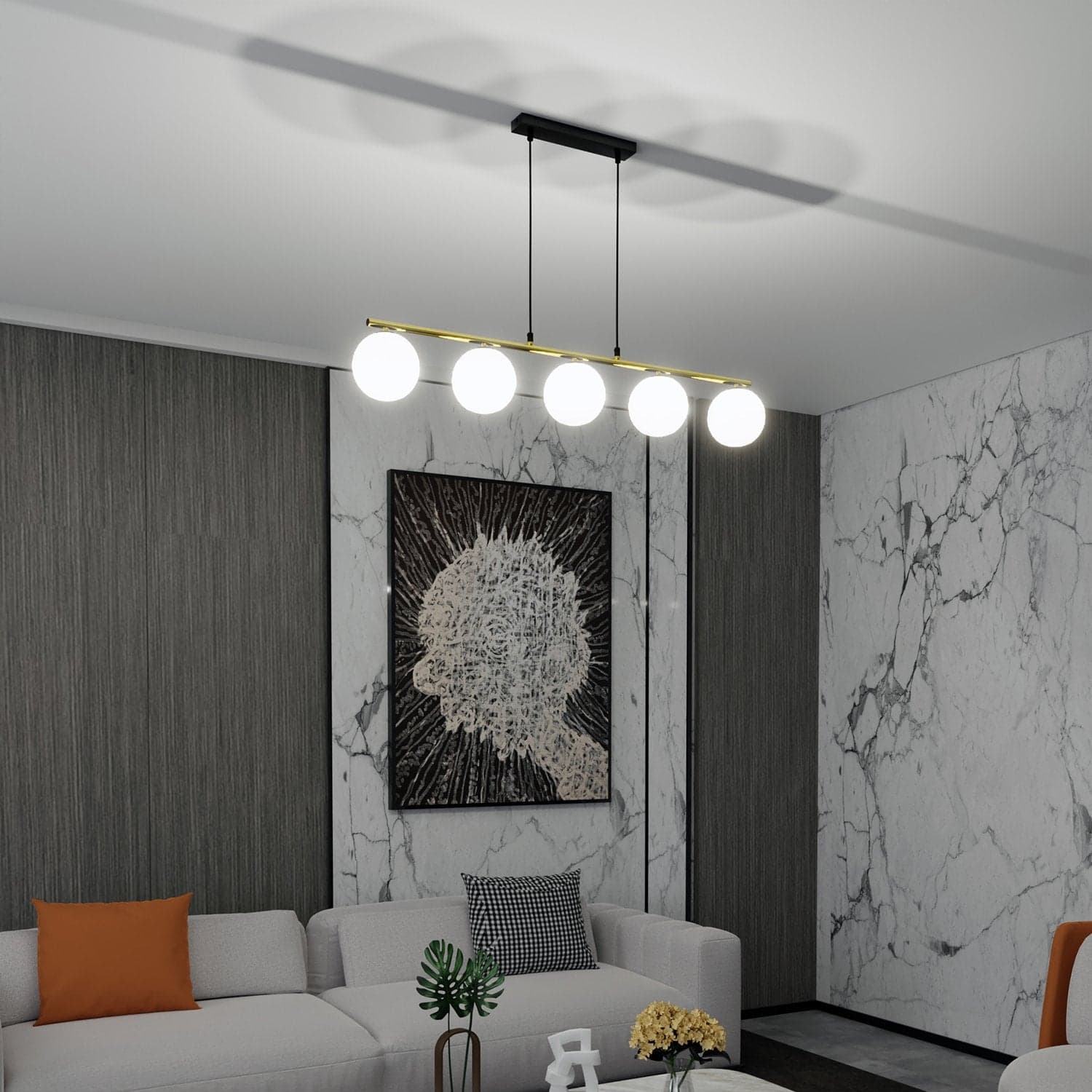 Sospensione Contemporanea 5 Luci Alora In Acciaio Oro Nero E Sfere Vetro Bianco in Lampade a sospensione LuceArt - Montecorvino Pugliano, commercioVirtuoso.it