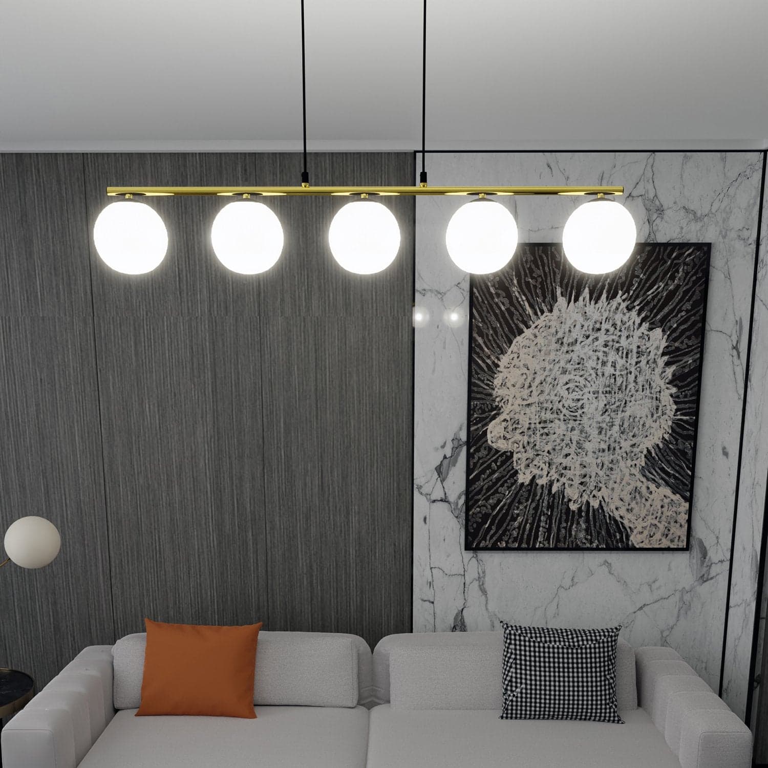 Sospensione Contemporanea 5 Luci Alora In Acciaio Oro Nero E Sfere Vetro Bianco in Lampade a sospensione LuceArt - Montecorvino Pugliano, commercioVirtuoso.it