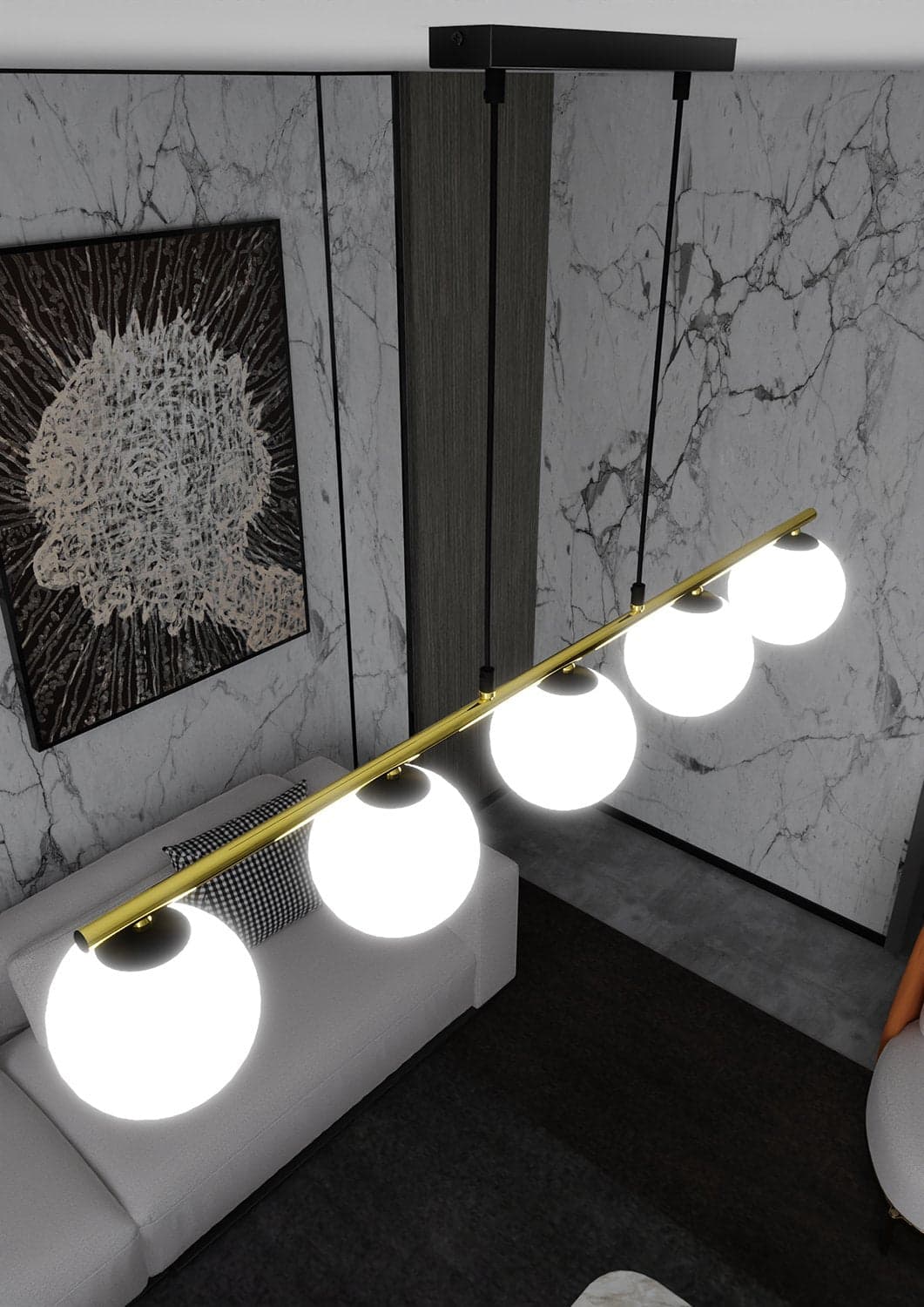 Sospensione Contemporanea 5 Luci Alora In Acciaio Oro Nero E Sfere Vetro Bianco in Lampade a sospensione LuceArt - Montecorvino Pugliano, commercioVirtuoso.it
