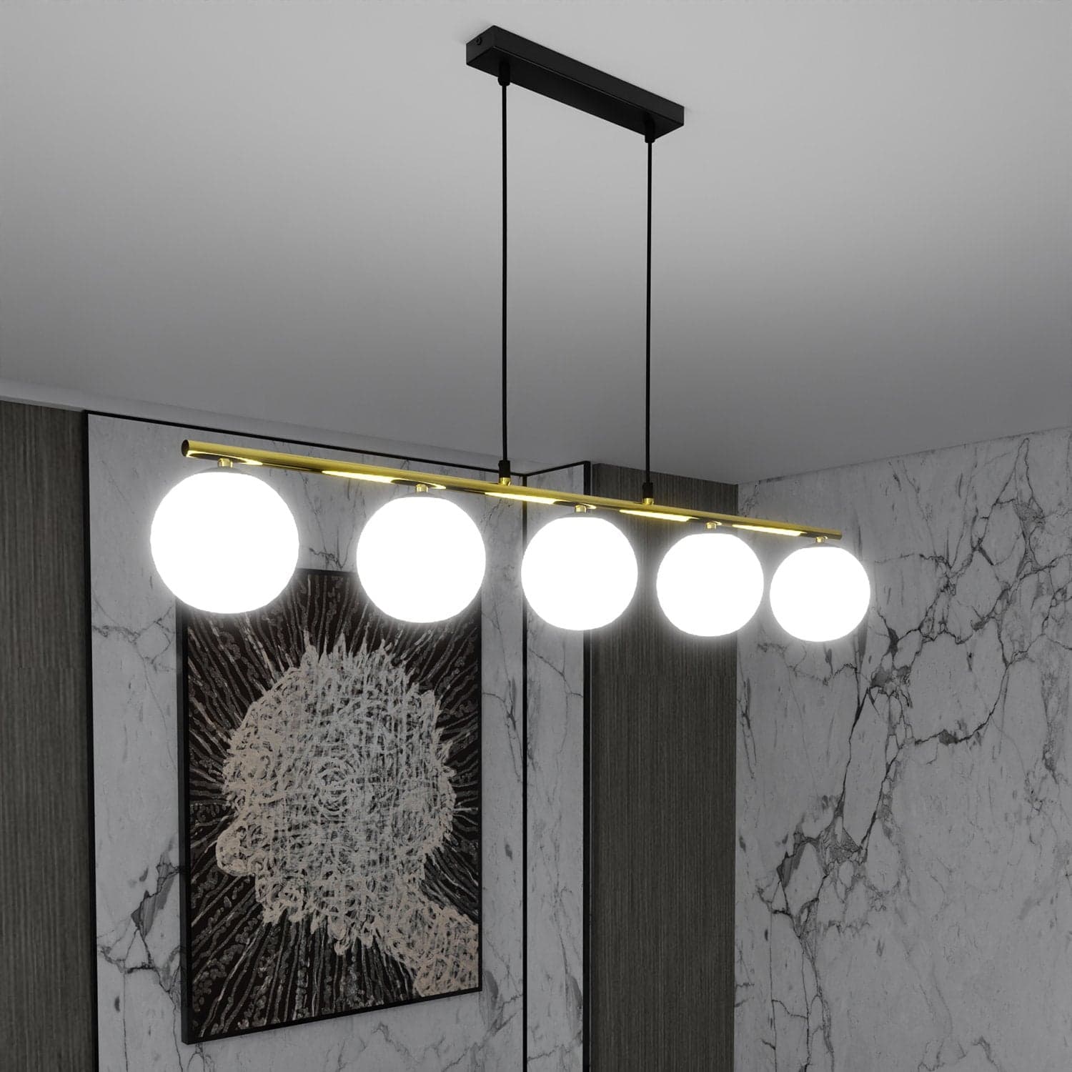 Sospensione Contemporanea 5 Luci Alora In Acciaio Oro Nero E Sfere Vetro Bianco in Lampade a sospensione LuceArt - Montecorvino Pugliano, commercioVirtuoso.it