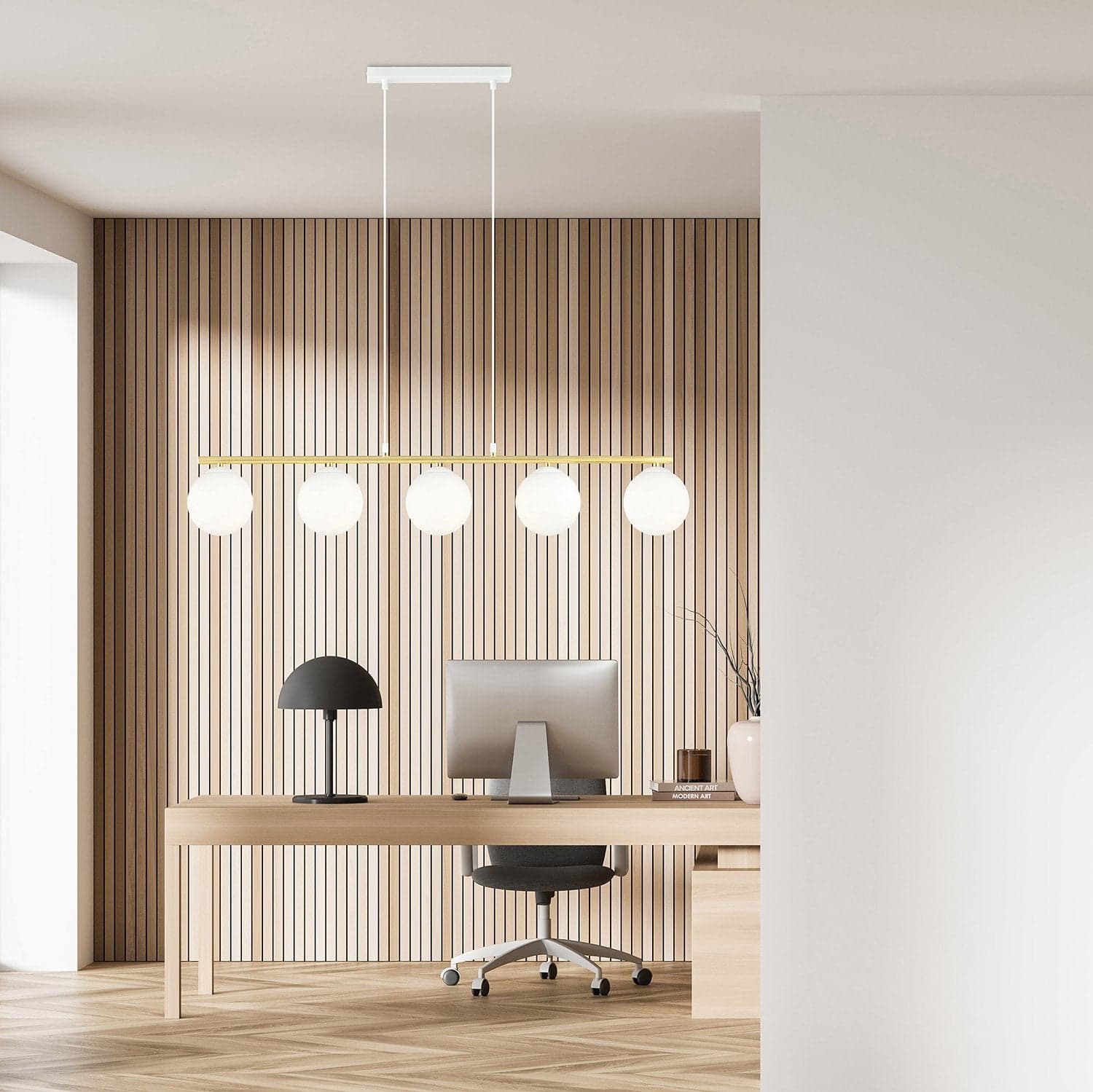 Sospensione Contemporanea 5 Luci Alora In Acciaio Oro E Sfere Vetro Bianco in Lampade a sospensione LuceArt - Montecorvino Pugliano, commercioVirtuoso.it