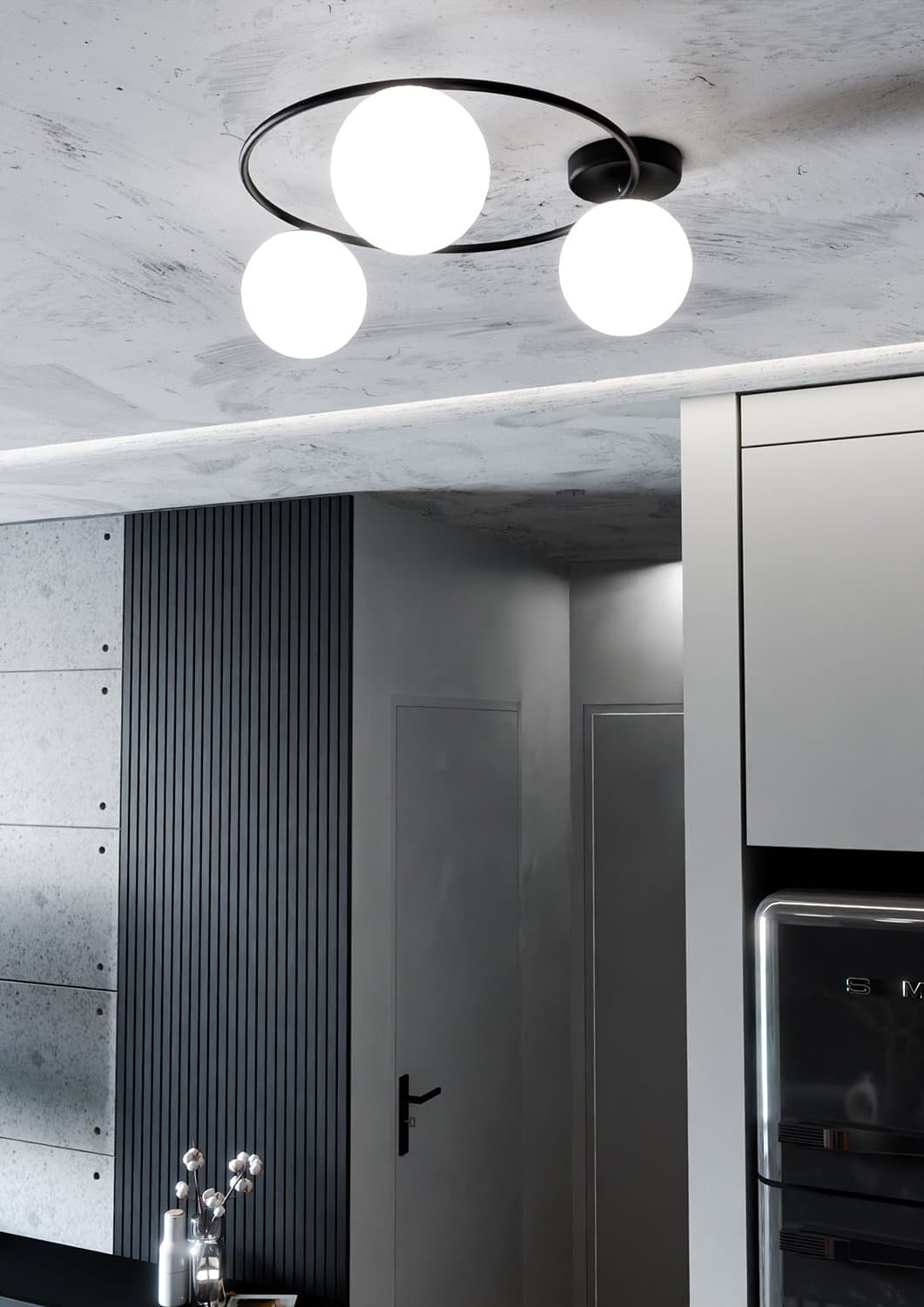 Plafoniera Minimal 3 Luci Sopra In Acciaio Nero E Sfere In Vetro Bianco in Lampadari LuceArt - Montecorvino Pugliano, commercioVirtuoso.it
