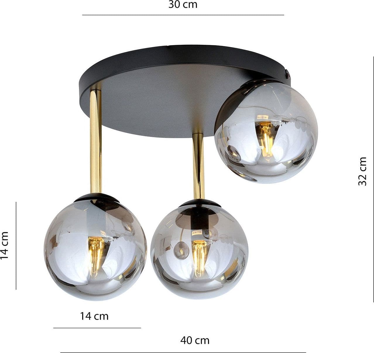 Plafoniera Contemporanea 3 Luci Dolce In Acciaio Nero Oro E Sfere Vetro Fumè in Plafoniere LuceArt - Montecorvino Pugliano, commercioVirtuoso.it