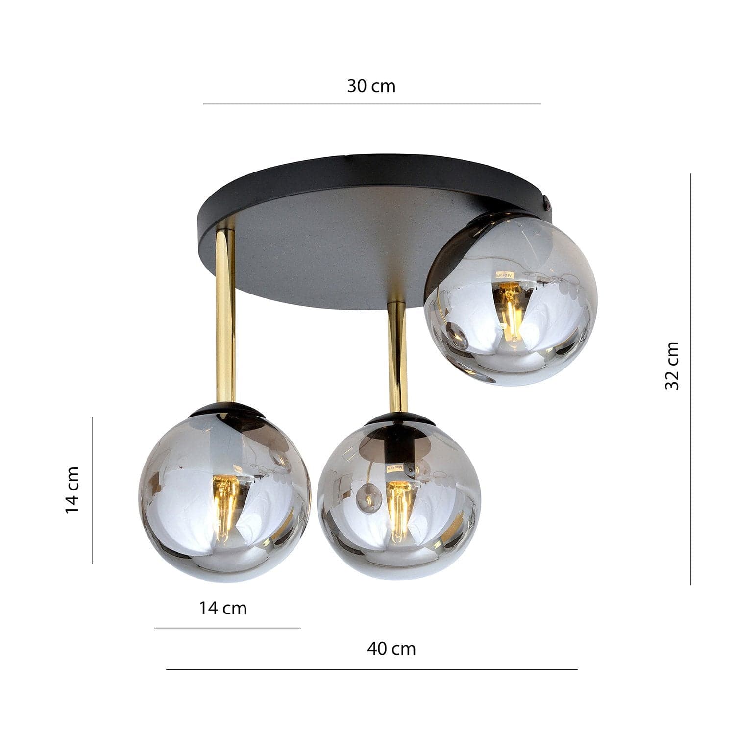 Plafoniera Contemporanea 3 Luci Dolce In Acciaio Nero Oro E Sfere Vetro Fumè in Plafoniere LuceArt - Montecorvino Pugliano, commercioVirtuoso.it