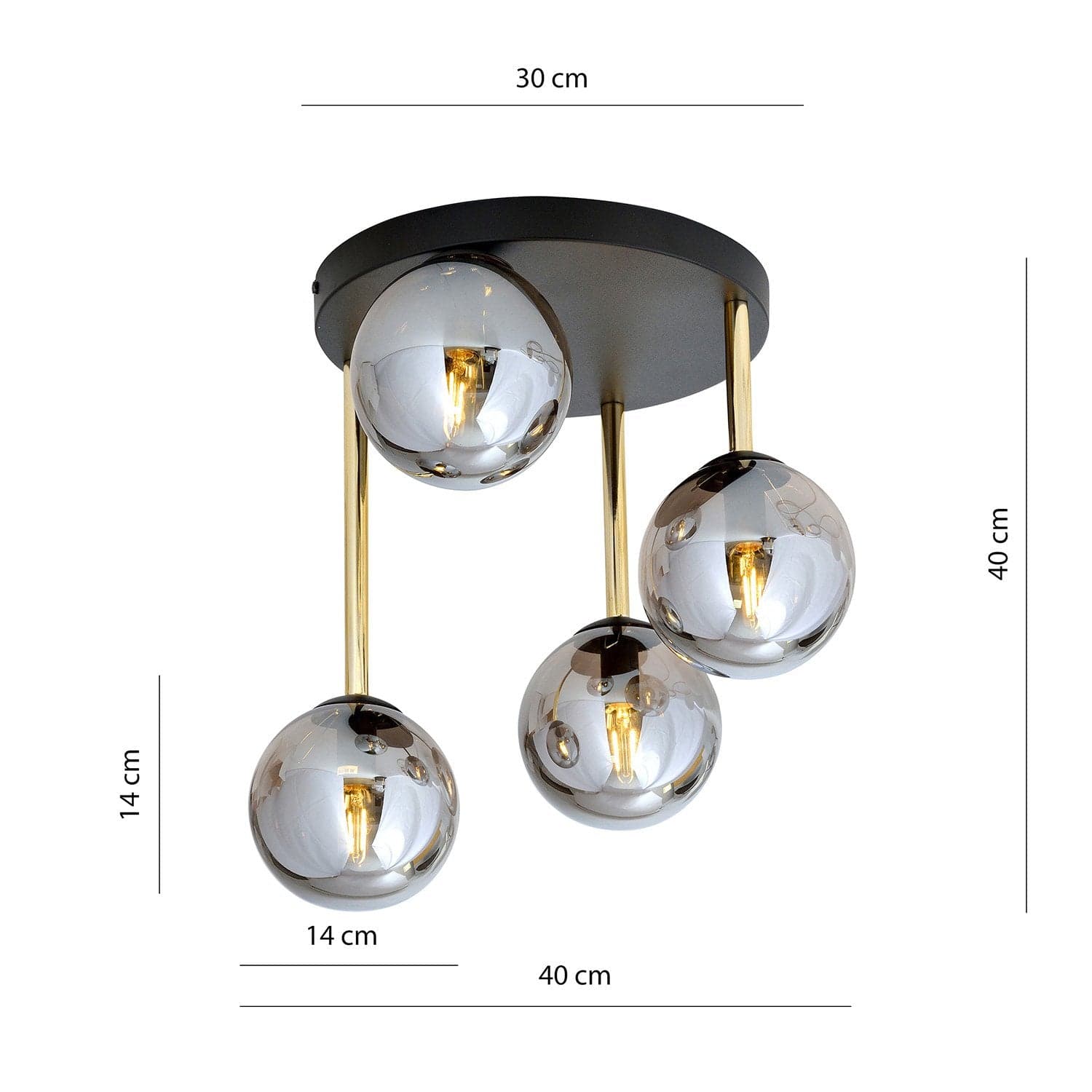 Plafoniera Contemporanea 4 Luci Dolce In Acciaio Nero Oro E Sfere Vetro Fumè in Plafoniere LuceArt - Montecorvino Pugliano, commercioVirtuoso.it