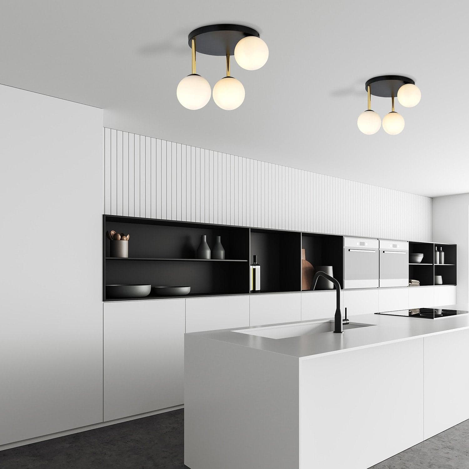 Plafoniera Contemporanea 3 Luci Dolce In Acciaio Nero Oro E Sfere Vetro Bianco in Plafoniere LuceArt - Montecorvino Pugliano, commercioVirtuoso.it