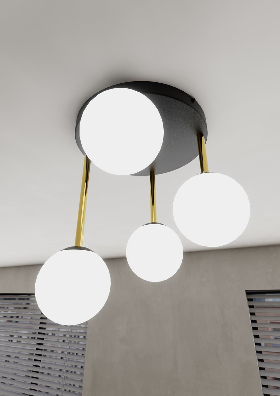 Plafoniera Contemporanea 4 Luci Dolce In Acciaio Nero Oro E Sfere Vetro Bianco in Lampadari LuceArt - Montecorvino Pugliano, commercioVirtuoso.it