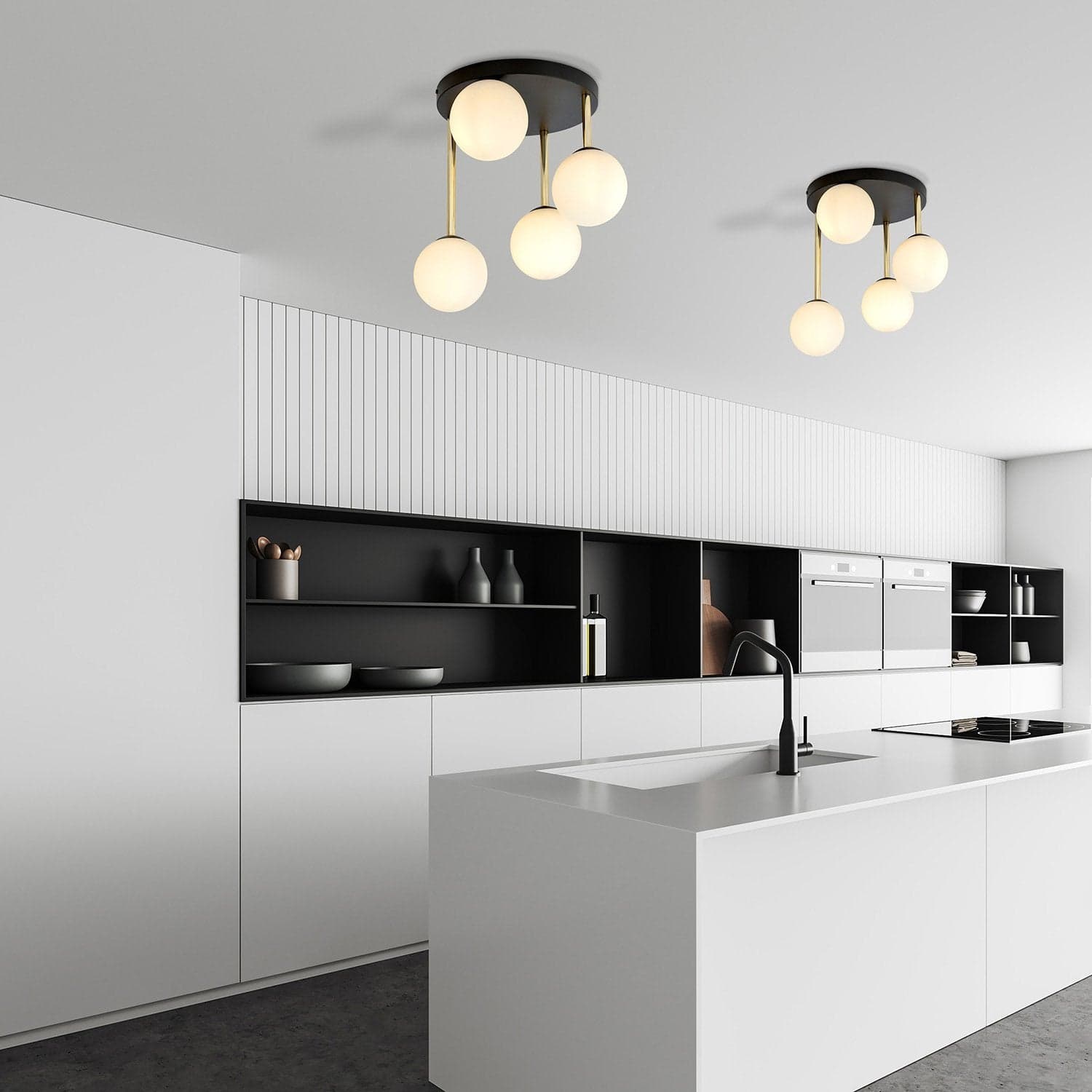 Plafoniera Contemporanea 4 Luci Dolce In Acciaio Nero Oro E Sfere Vetro Bianco in Lampadari LuceArt - Montecorvino Pugliano, commercioVirtuoso.it