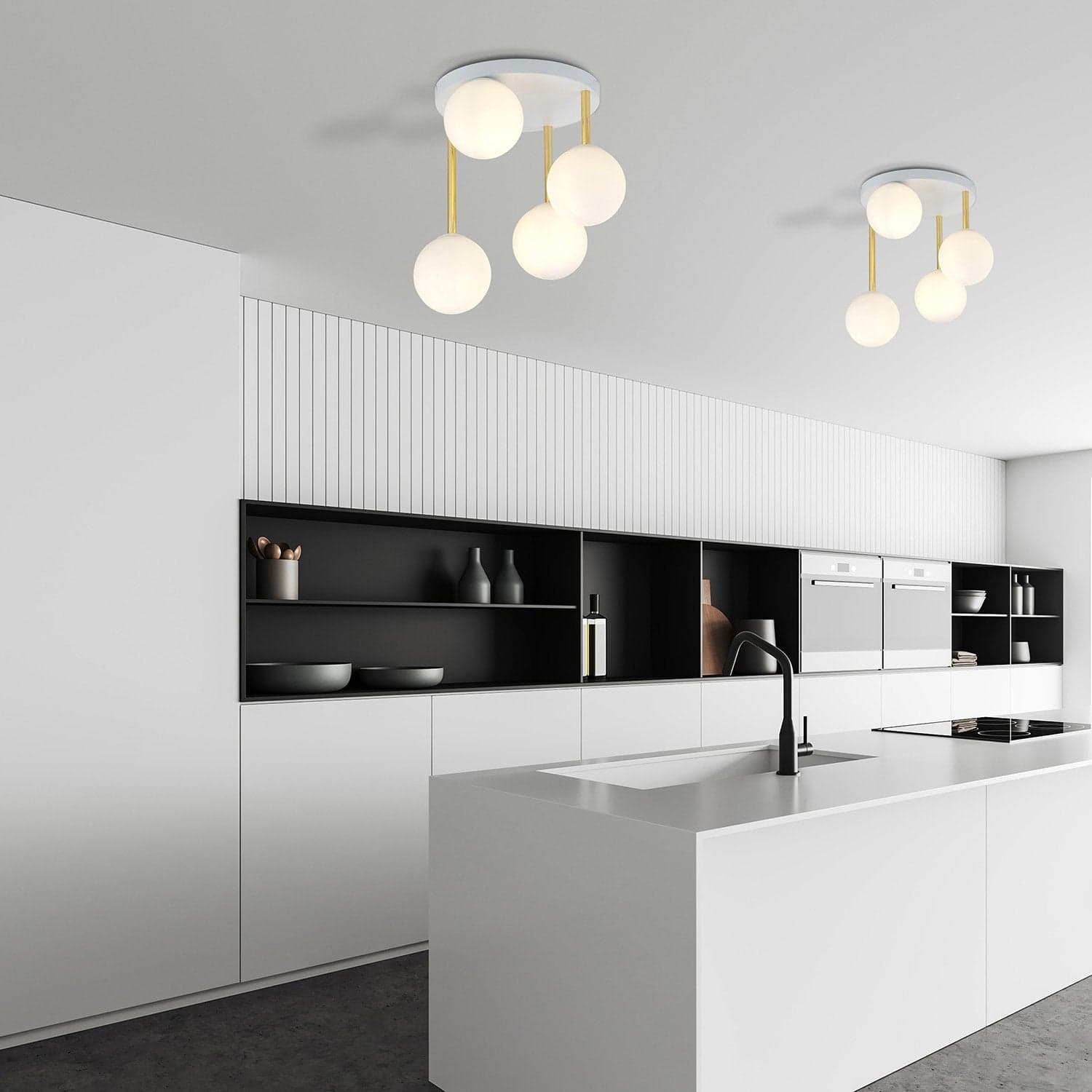 Plafoniera Contemporanea 4 Luci Dolce In Acciaio Bianco Oro E Sfere Vetro Bianco in Lampade a sospensione LuceArt - Montecorvino Pugliano, commercioVirtuoso.it