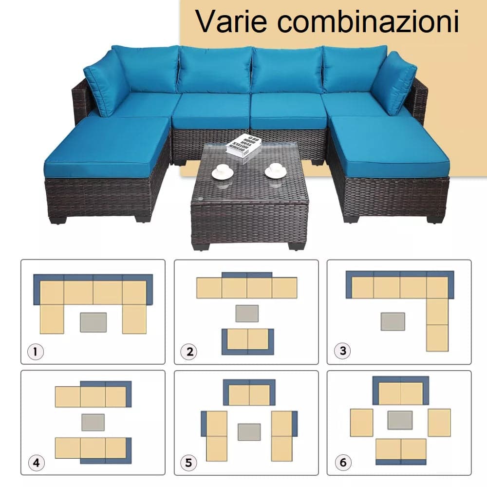 Set Divano Modulabile da Giardino in Polyrattan Cuscini Sfoderabili Blu Tavolino in Divanetti Danyx - Casoria, commercioVirtuoso.it