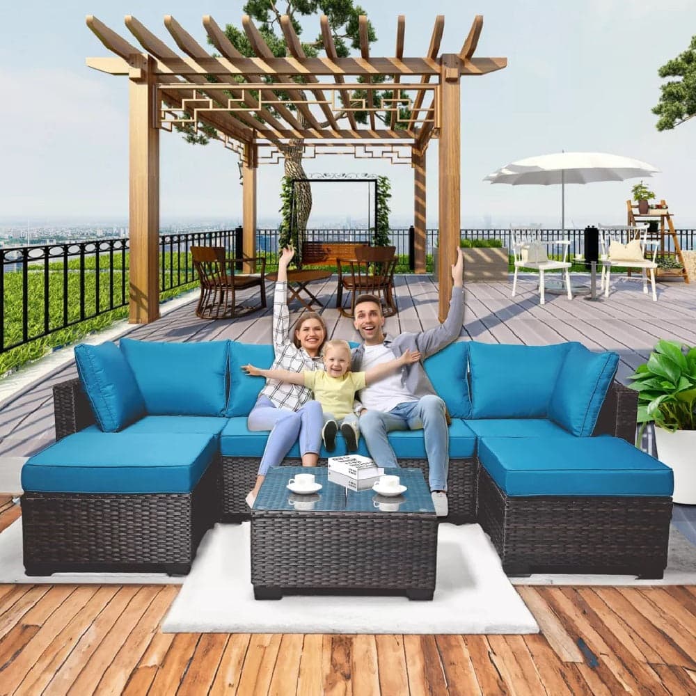 Set Divano Modulabile da Giardino in Polyrattan Cuscini Sfoderabili Blu Tavolino in Divanetti Danyx - Casoria, commercioVirtuoso.it