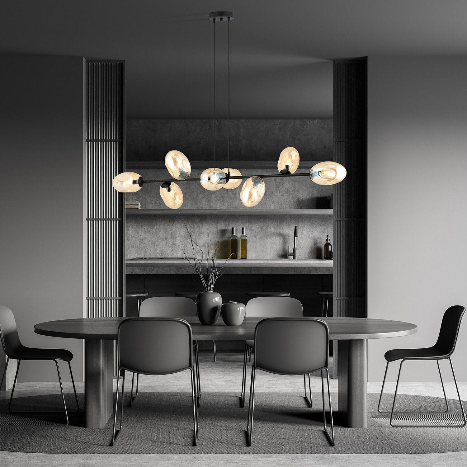 Sospensione Contemporanea 8 Luci Pandora In Acciaio Nero E Vetro Ambra in Lampade a sospensione LuceArt - Montecorvino Pugliano, commercioVirtuoso.it